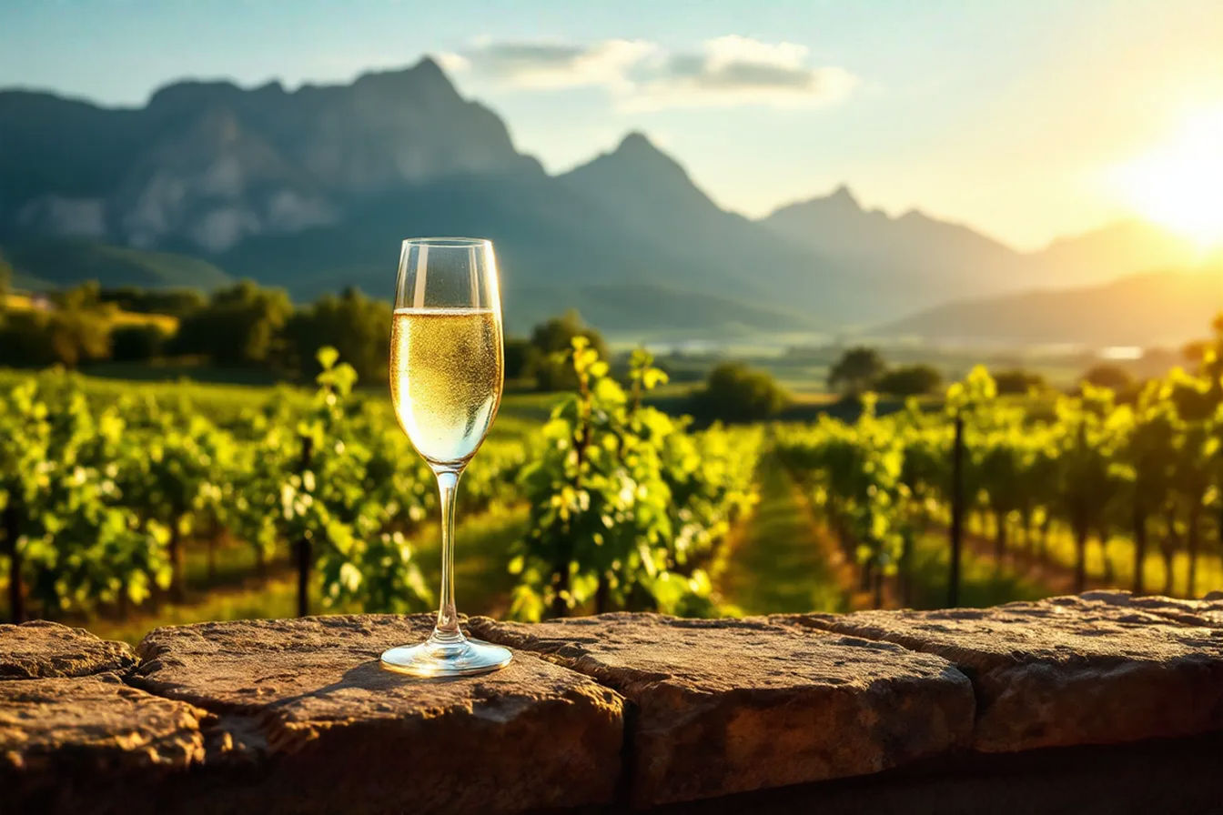 A professional photograph capturing golden evening sunlight illuminating rows of lush green vineyards in Penedès, with the dramatic Montserrat mountain range visible in the background. In the foreground, a perfectly chilled glass of Cava with tiny bubbles rising through the pale golden liquid, set against a rustic stone wall of a traditional Catalan cellar. The image should convey both the natural beauty of the region and the elegant character of the wine.