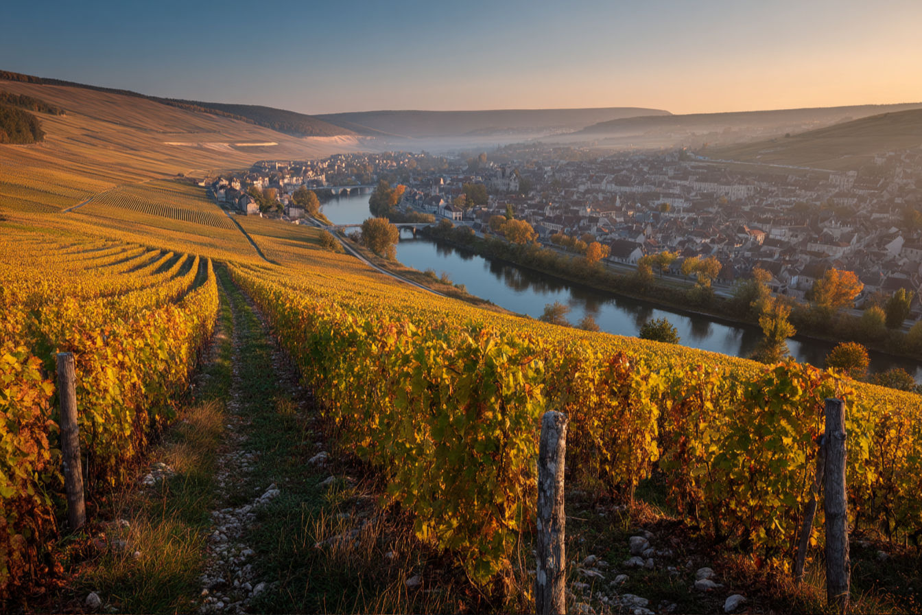 Professional landscape photography of early morning sunlight illuminating the sloping Grand Cru vineyards of Chablis in autumn, with the Serein River gently winding through the valley below and the medieval town of Chablis visible in the middle distance, captured with golden light highlighting the limestone soils and precise vineyard rows.