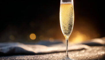 Professional studio photography of a crystal champagne flute with rising bubbles against a dark backdrop, dramatic side lighting, shallow depth of field, droplets of condensation on glass, golden champagne color, luxury lifestyle product photography, high-end advertising style, 50mm lens, f/2.8, soft shadows, commercial quality, pristine, ultra-detailed