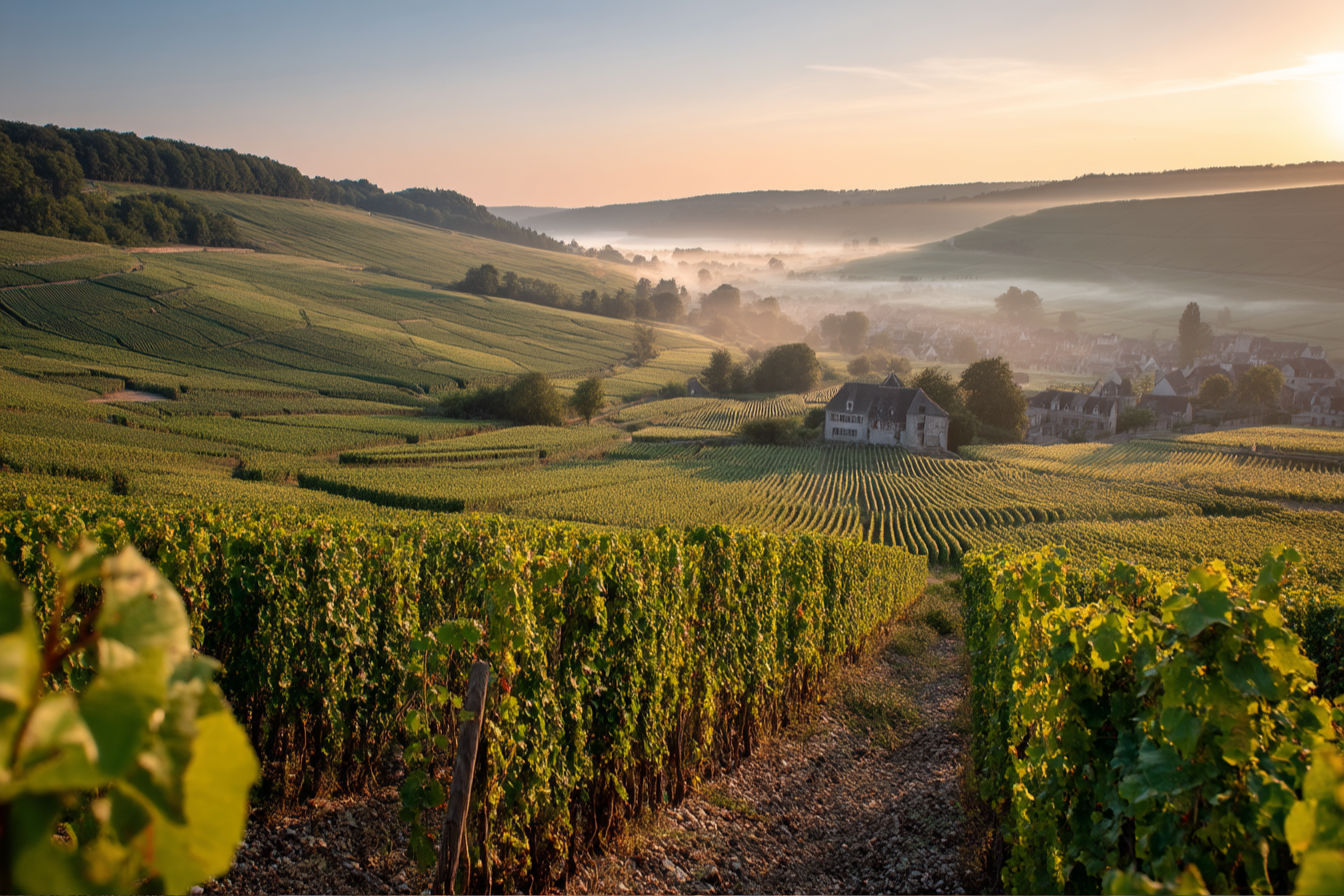 professional photography style image of the Champagne wine region in northeastern France. The image should capture rolling hills covered in neat rows of vineyards with early morning mist rising from the valleys. In the foreground, show vintage grape vines with small clusters of Chardonnay, Pinot Noir, or Pinot Meunier grapes. The background should feature the classic chalk soil that defines the region, with a small stone building or winery visible in the distance. The lighting should be golden hour sunlight creating a warm, inviting atmosphere that conveys both luxury and agricultural tradition. The image should evoke the terroir and heritage that makes Champagne wines so distinctive.