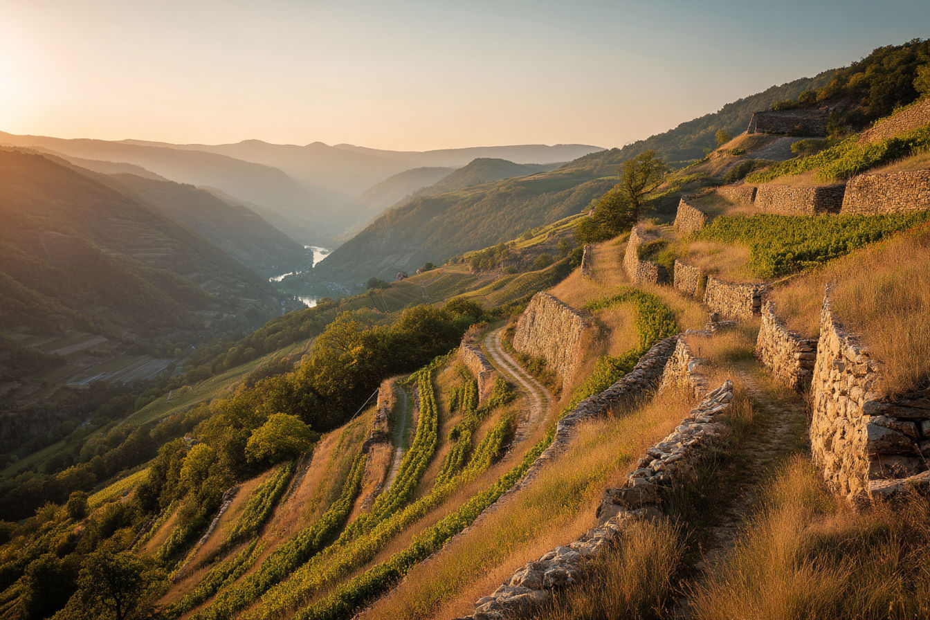professional photograph of Côte Rôtie's dramatic terraced vineyards at golden hour. Show the steep hillsides with meticulously maintained stone terraces covered with gnarled Syrah vines. Capture the late afternoon sun illuminating the west-facing slopes with the Rhône River visible in the valley below. Include the interplay of light on the different soil types of Côte Brune and Côte Blonde. The image should convey both the breathtaking beauty of the landscape and the extreme, almost heroic nature of viticulture on these precipitous slopes.