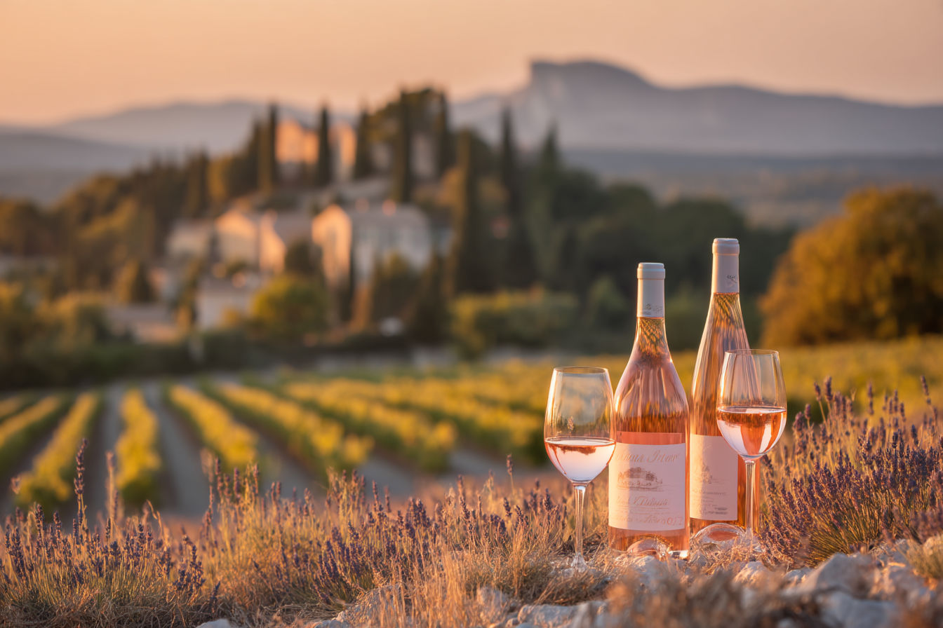 professional photograph of Côte de Provence vineyards at sunset with rows of grapevines stretching toward the Mediterranean Sea. The golden evening light illuminates pale pink rosé wine bottles and glasses in the foreground, with lavender fields and stone farmhouses visible in the middle distance. Include the region's distinctive pale limestone hills in the background, rendered in crisp, vibrant colors with realistic details that capture the essence of Provence.