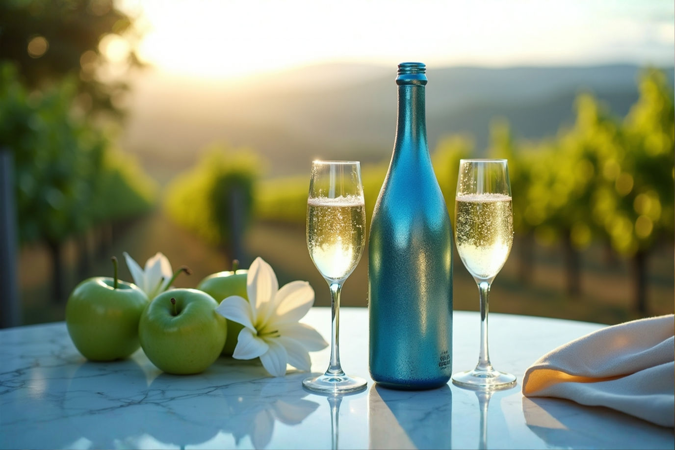 A professional studio photograph of a chilled Crémant bottle beside two crystal flutes filled with pale golden sparkling wine, showcasing fine bubbles, set on a sleek marble table. The background softly blurs into a Loire Valley vineyard at sunrise, with misty hills and grapevines. Subtle props like fresh green apples, white lilies, and a linen napkin evoke French terroir. Crisp, natural lighting highlights the bottle’s condensation and the wine’s effervescence, with a warm, inviting glow. Ultra-realistic, high detail, vibrant yet soft colors, shallow depth of field, 8K resolution, cinematic composition.