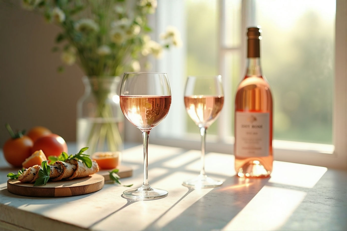 A sophisticated still life of dry rosé wine in a crystal glass with a delicate pale salmon color, alongside a bottle with elegant label. Soft natural lighting from a window creating gentle reflections on a marble or light wood surface. Fresh Mediterranean herbs and subtle food pairings slightly blurred in background. Professional food photography style, soft depth of field, 85mm lens, f/2.8, natural color grading, high-end magazine quality. Extremely photorealistic, no text.