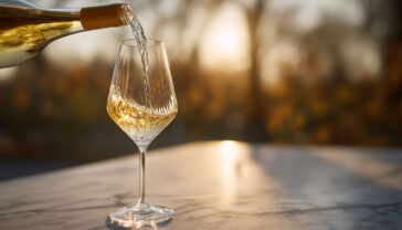 Professional photography of elegant dry white wine being poured from bottle to glass, golden liquid catching natural light, crystal clear wineglass on marble countertop, soft bokeh background with vineyard hints, dramatic lighting, depth of field, high-end restaurant atmosphere, 85mm lens, f/2.8, professional food photography, high resolution, photorealistic