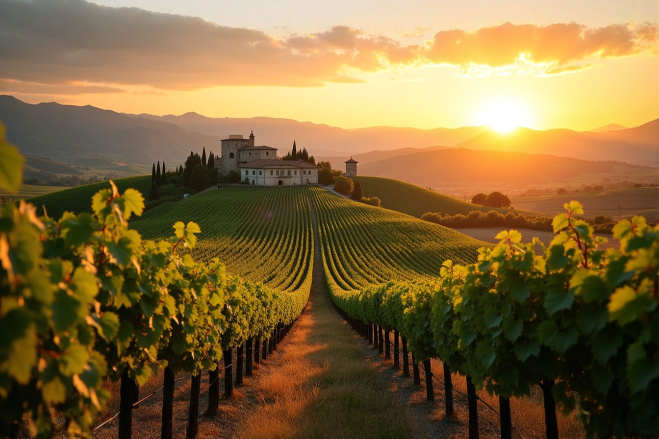 A professional photograph capturing rolling vineyard-covered hills in Romagna at golden hour, with rows of Sangiovese vines stretching toward ancient stone buildings in the distance. The warm evening light illuminates grape clusters hanging heavy on the vines, while the Apennine mountains create a dramatic backdrop. The image should convey both the agricultural beauty and historic depth of this region, with colors reflecting the rich reds of the local wines contrasting with the lush green landscape.