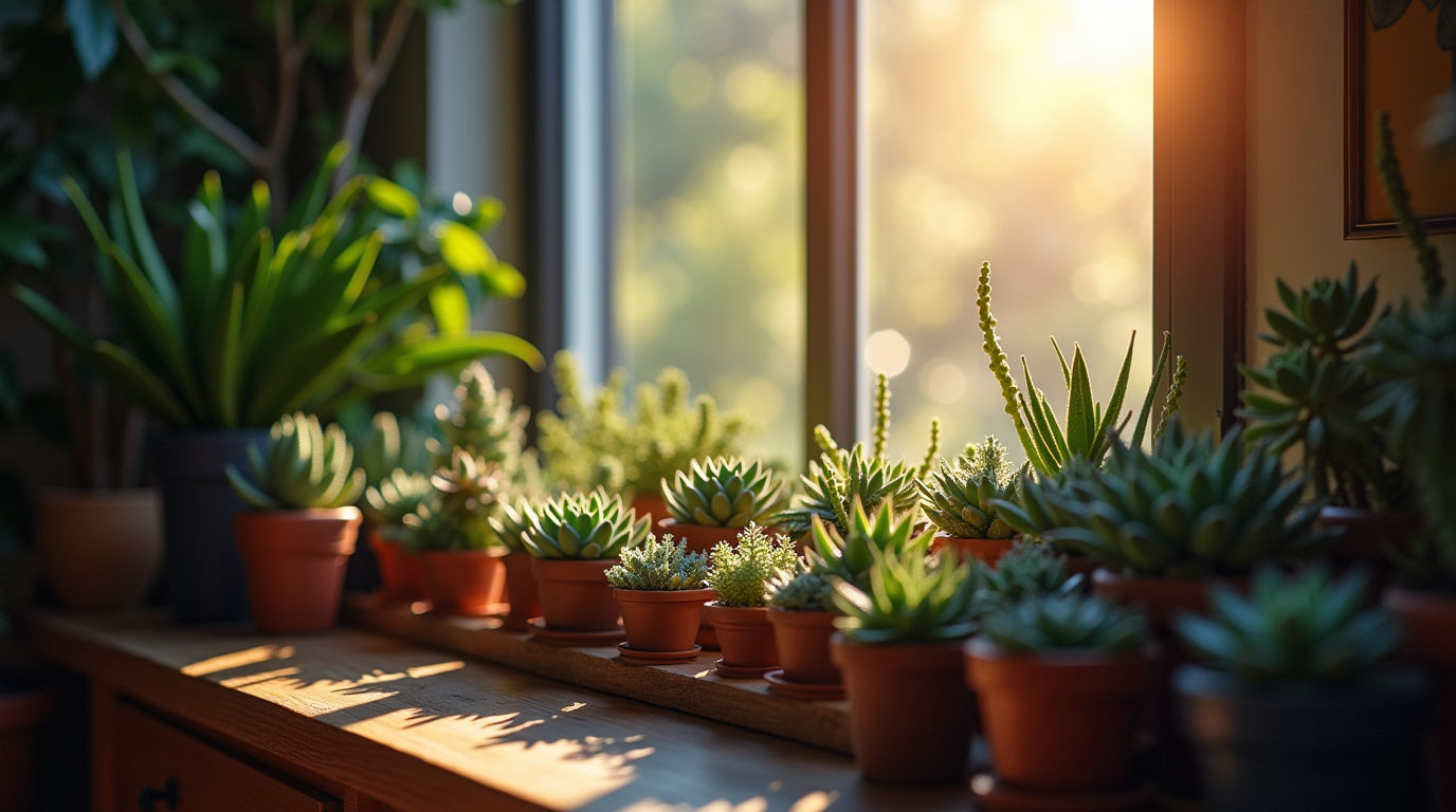 Professional photography of succulents bathed in soft morning light streaming through a window, various species arranged to show light patterns, dramatic shadows highlighting their unique textures, shallow depth of field, clean modern interior setting, warm golden tones, shot on Canon 5D with 100mm macro lens, f/4, magazine-quality home decor style photography