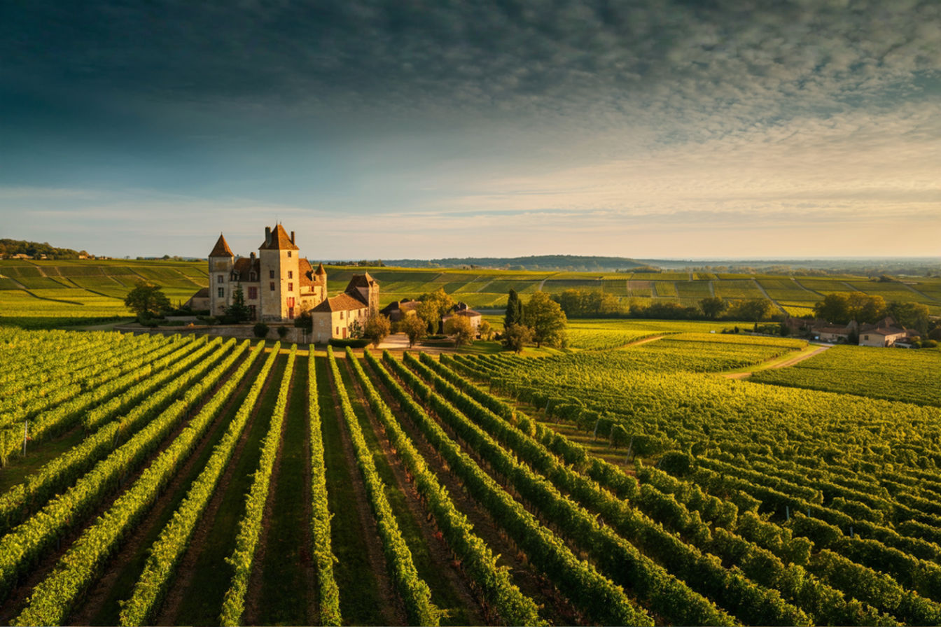 A breathtaking aerial view of French vineyards at golden hour, showcasing rows of vines stretching across rolling hills with dramatic shadows. In the distance, a historic stone château overlooks the vineyards. Soft, warm sunlight filters through scattered clouds creating a patchwork of light and shadow across the landscape. Professional photography style, cinematic composition, ultra-detailed, 8K, photorealistic.
