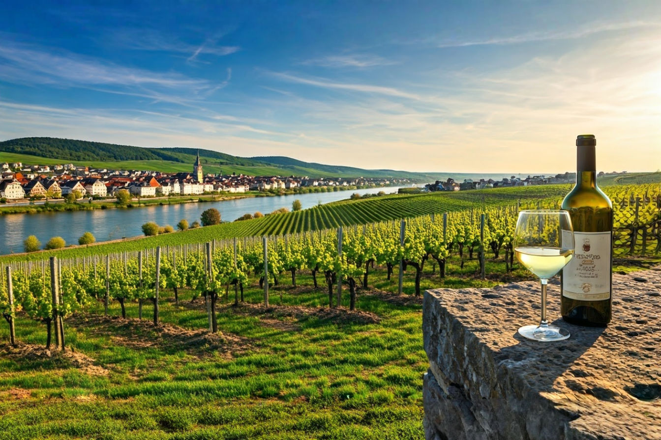 A professional photograph capturing a panoramic view of sun-drenched Franken vineyards along the Main River during late afternoon golden hour. In the foreground, rows of neatly tended Silvaner vines lead the eye toward a medieval church spire in the distance. An iconic Bocksbeutel bottle and two wine glasses sit on an ancient stone wall in the right foreground, with one glass containing the characteristic pale gold Silvaner wine catching the sunlight. The limestone soil is visible between vineyard rows, highlighting the terroir that gives these wines their distinctive character.