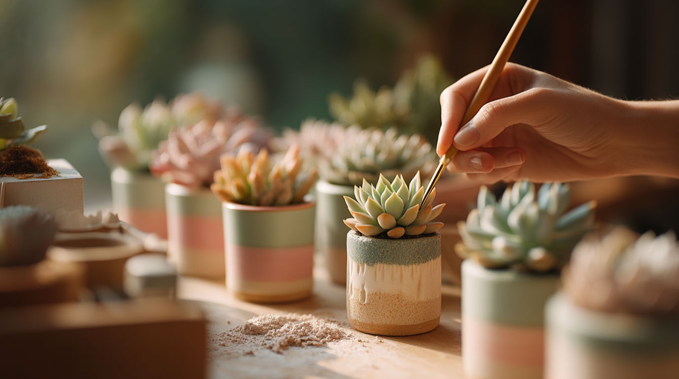 Professional lifestyle photography of hands using small gardening tools to maintain a beautiful succulent garden, person removing dead leaves with tweezers, small brush cleaning dust from leaves, arranged potted succulents in ceramic containers, soft diffused lighting, shallow depth of field, warm inviting colors, 85mm lens, f/2, magazine editorial style