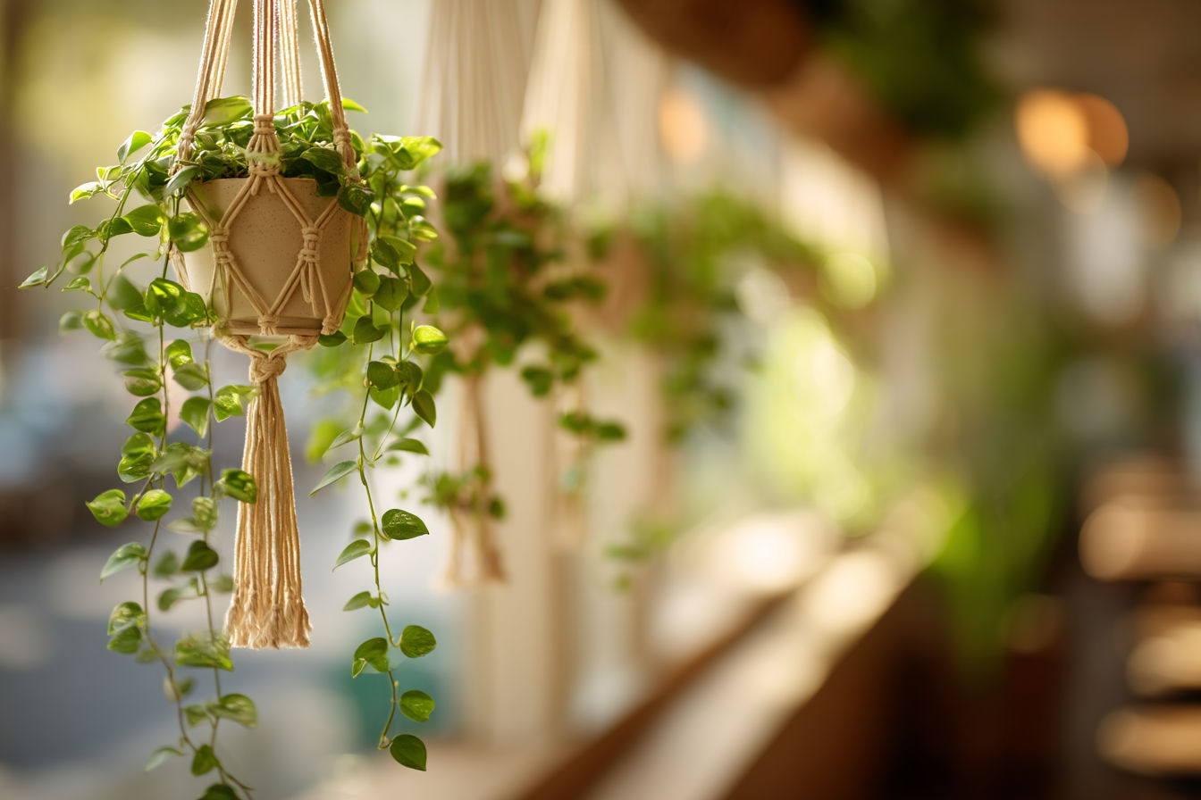 Professional photography of an elegant indoor hanging garden with multiple upside-down plants cascading from the ceiling, soft natural lighting streaming through windows, lush green pothos and spider plants hanging upside down in stylish macramé plant hangers, modern minimalist interior setting, shallow depth of field, 85mm lens, soft bokeh background, high-end interior magazine quality, 4K resolution, photorealistic