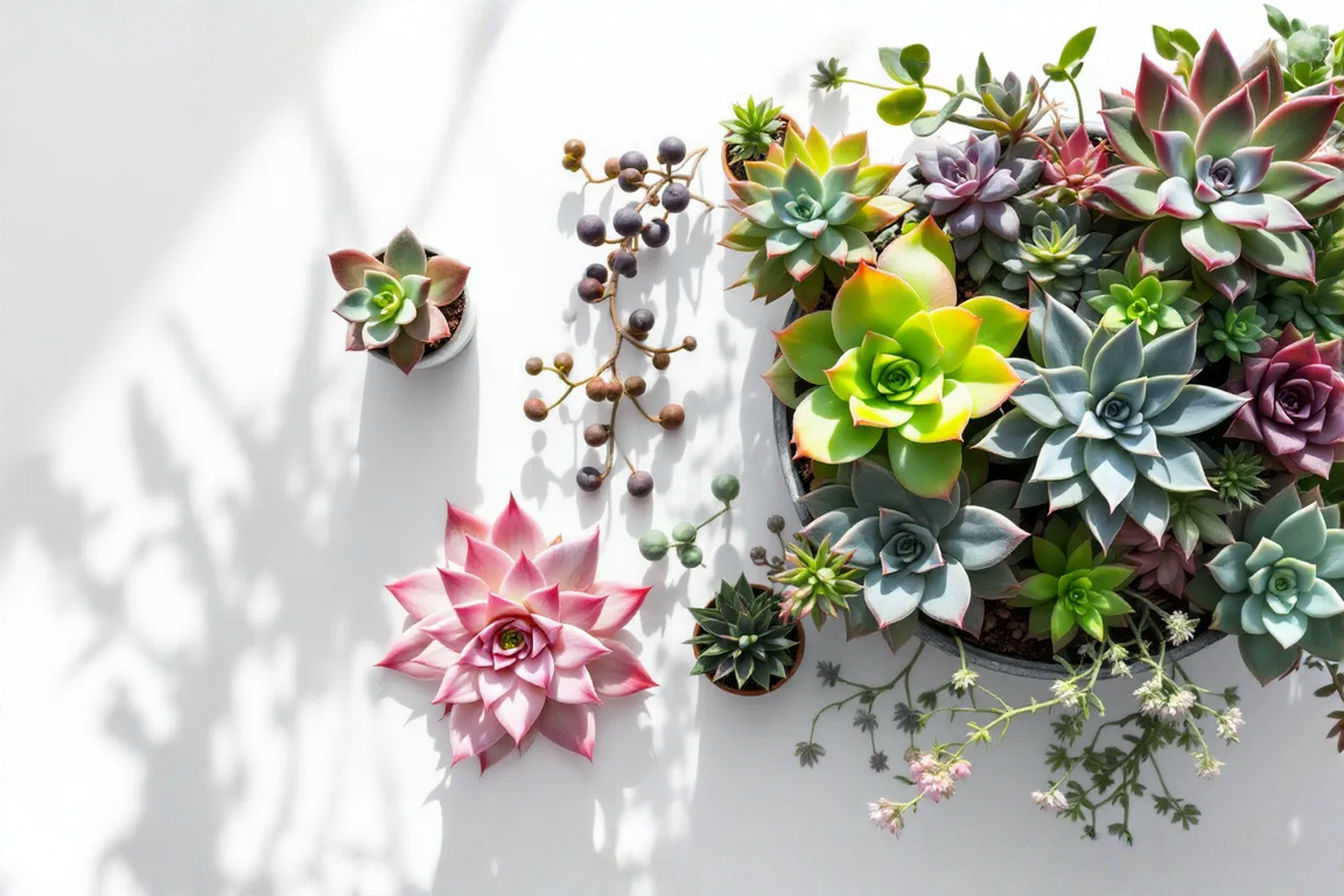 Professional photography of a stunning succulent arrangement in natural light, top-down perspective, multiple varieties showing vibrant colors and textures, shallow depth of field, on a minimal white background, soft shadows, high-resolution, product photography style, 85mm lens, f/2.8 aperture, magazine quality