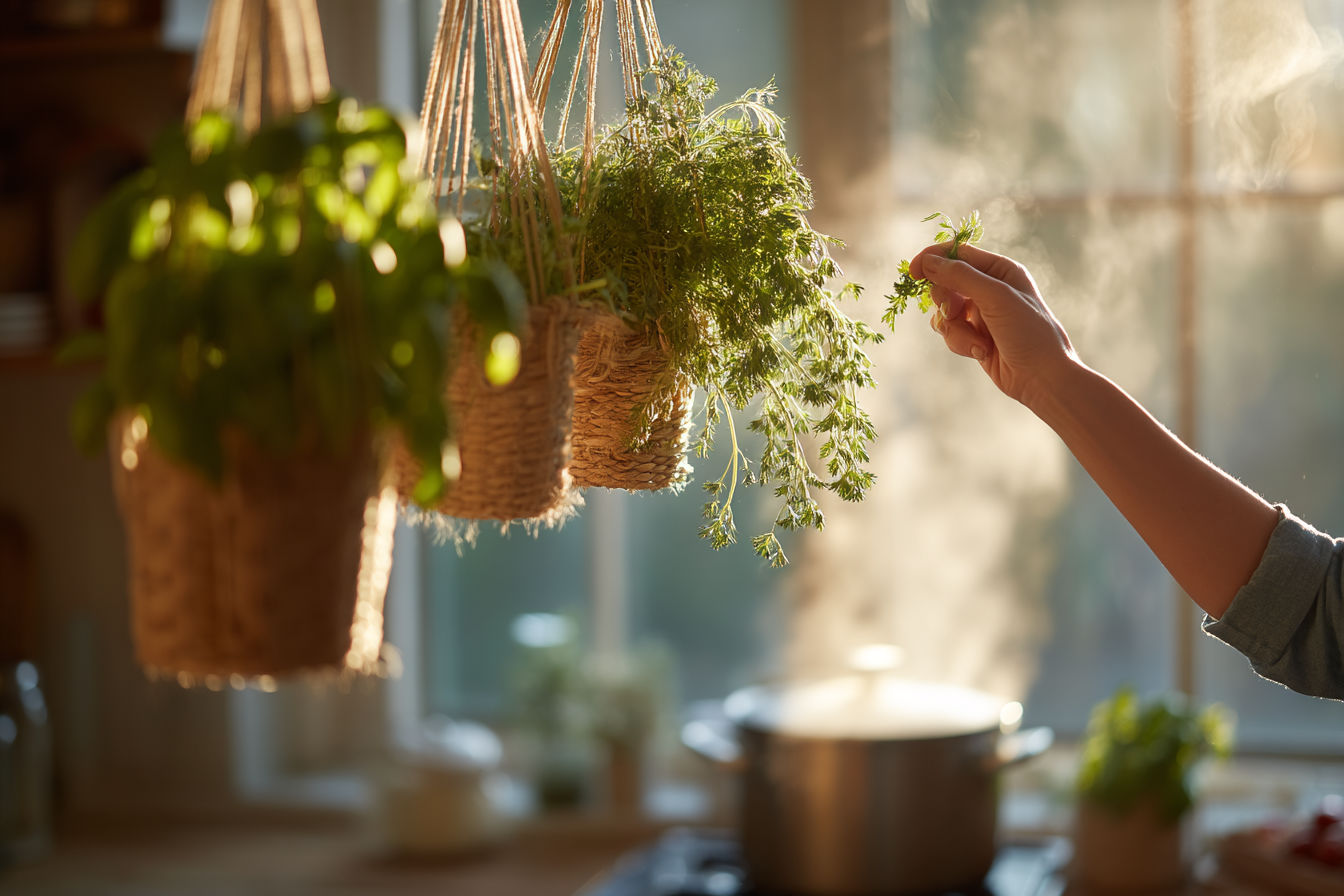 Professional food photography style image of a modern kitchen with sunlight streaming through a window, illuminating three lush hanging herb baskets with cascading greenery. Show a woman's hand snipping fresh basil leaves from one basket, with steam rising from a cooking pot in the soft-focus background.