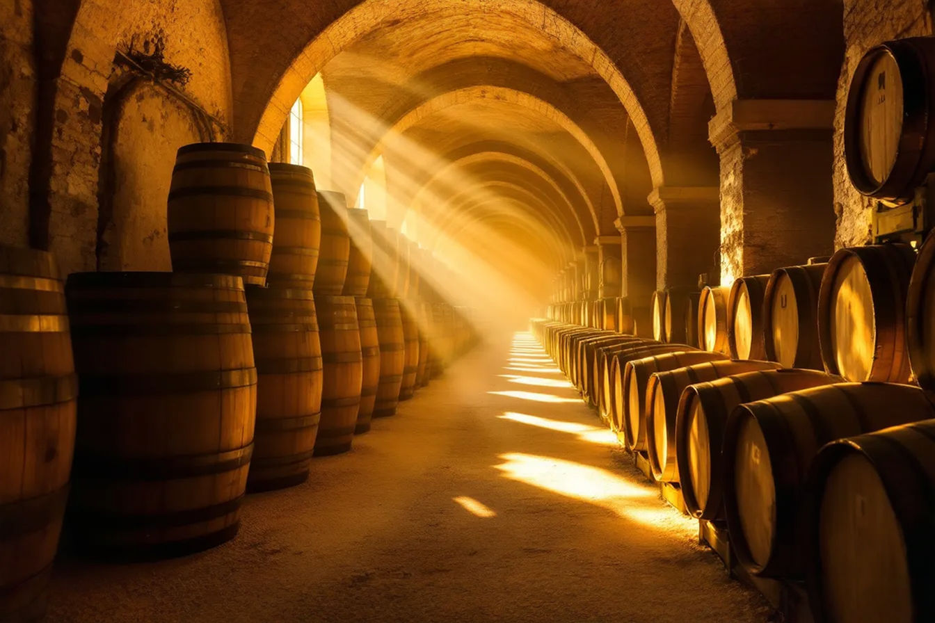A sunlit barrel cellar in a traditional Jerez bodega, with rows of stacked oak barrels stretching into the distance beneath high arched ceilings. Shafts of golden light filter through tall windows, illuminating the chalk markings on the barrels and the white albariza soil floor. The image captures the cathedral-like atmosphere of these historic aging facilities where sherry matures over decades.