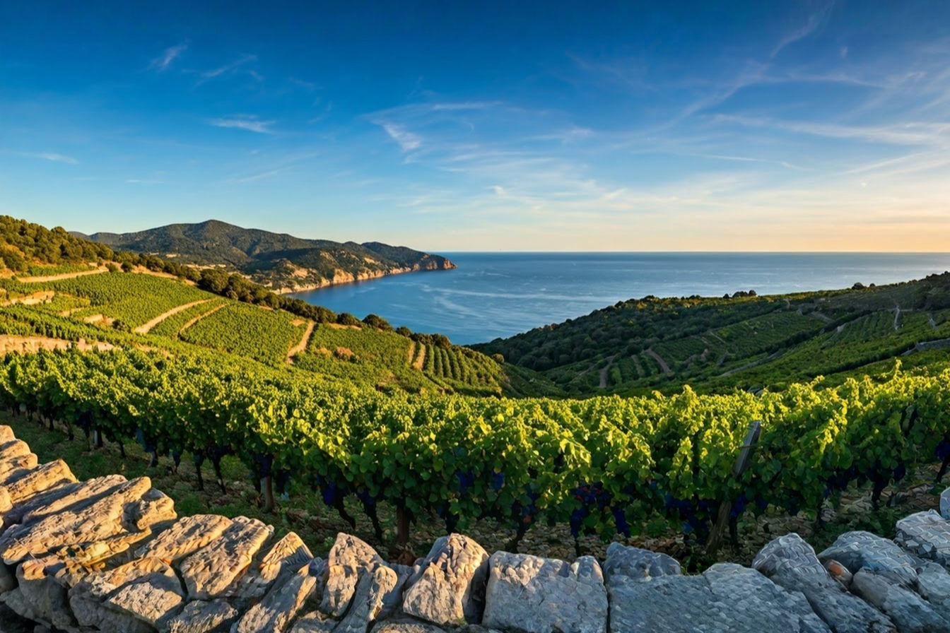 A panoramic view of terraced vineyards descending toward the Mediterranean Sea at sunset, with ancient stone walls separating the plots. In the foreground, gnarled old Carignan vines with clusters of dark purple grapes contrast against the golden evening light. The distant coastline reveals the shimmering blue water meeting the horizon, while mountains form a dramatic backdrop. The image captures both the rugged beauty and the human cultivation of this historic wine landscape.