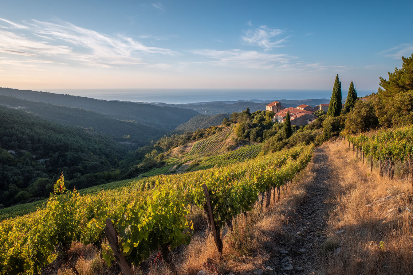 professional photograph of sun-drenched hillside vineyards in Languedoc-Roussillon, France. Capture rows of gnarled old vines with the Mediterranean Sea visible in the distance. The late afternoon golden light should illuminate the landscape, highlighting the region's distinctive garrigue herbs growing between vineyard rows. Include a picturesque stone winery building with terracotta roof in the middle distance. The image should convey both the rustic charm and natural beauty of this Mediterranean wine region.