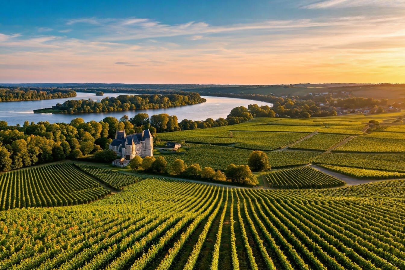 Aerial photograph of Loire Valley vineyards at golden hour, with the Loire River winding through the landscape. Sunlight illuminates rows of vines planted on gently sloping hills, with a historic limestone château visible in the distance. The contrasting textures of the cultivated vineyards against the natural riverscape capture the harmony between human winemaking tradition and natural beauty that defines this iconic French wine region.