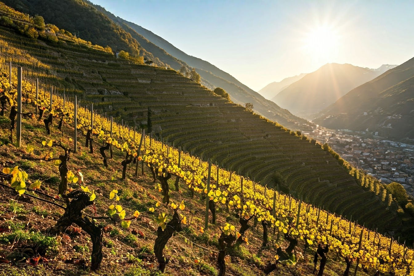 A professional photograph capturing the dramatic terraced vineyards of Valtellina at sunset, with golden light illuminating the stepped vineyard rows that climb up the steep Alpine mountainside. In the foreground, gnarled Nebbiolo vines with clusters of grapes catch the warm light, while the background reveals the sweeping valley below and snow-capped peaks in the distance. The image conveys both the heroic viticulture of the region and the breathtaking natural beauty of Lombardy's wine country.