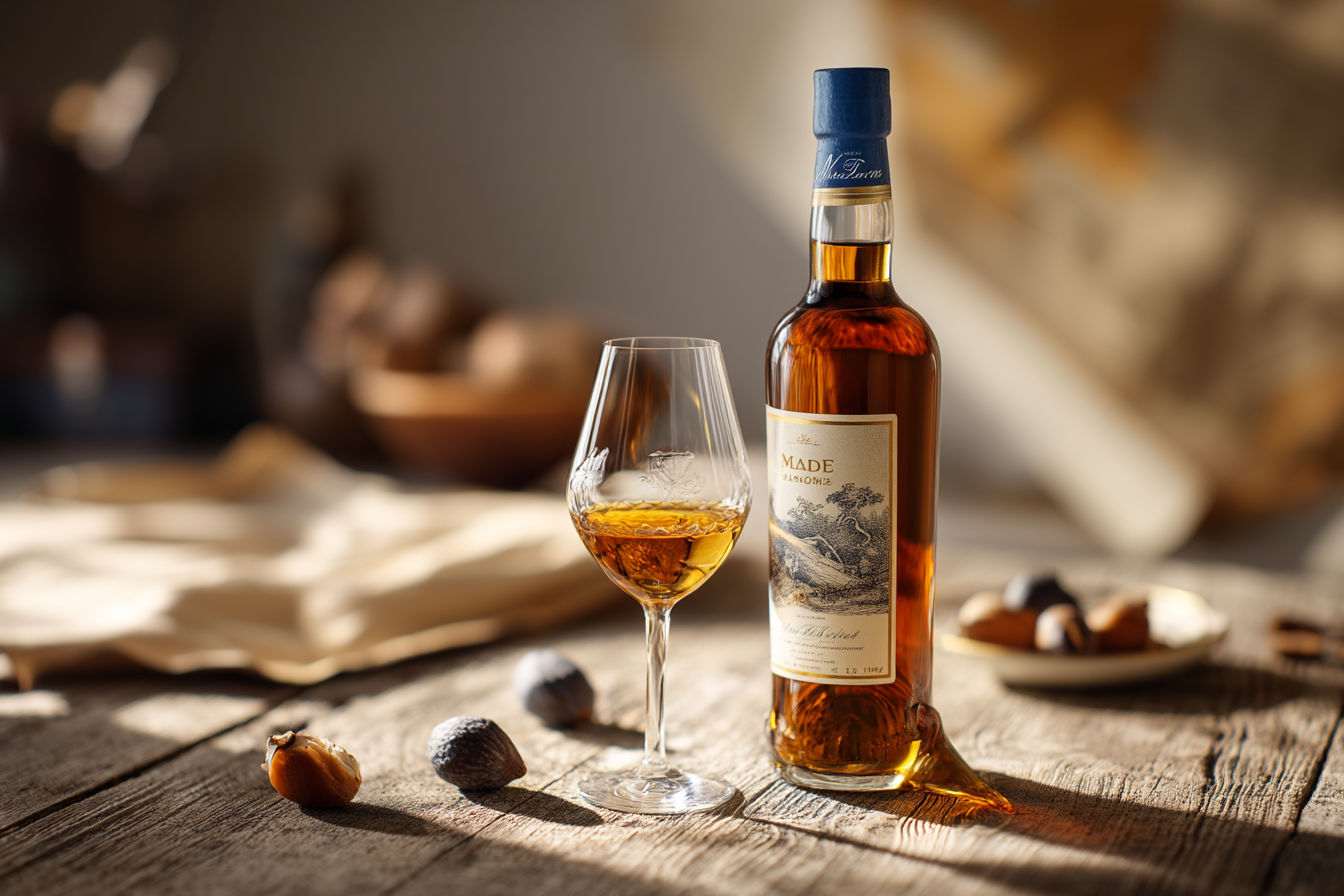 A professional studio photography composition featuring a bottle of Madeira fortified wine and a filled tulip glass on a rustic wooden table, surrounded by subtle elements like volcanic stones, dried figs, roasted nuts, and a vintage nautical map in the background. The scene is warmly lit with soft golden light, casting gentle shadows, emphasizing the amber glow of the wine. The mood is elegant and timeless, with a focus on rich textures—smooth glass, rough stone, and weathered wood.