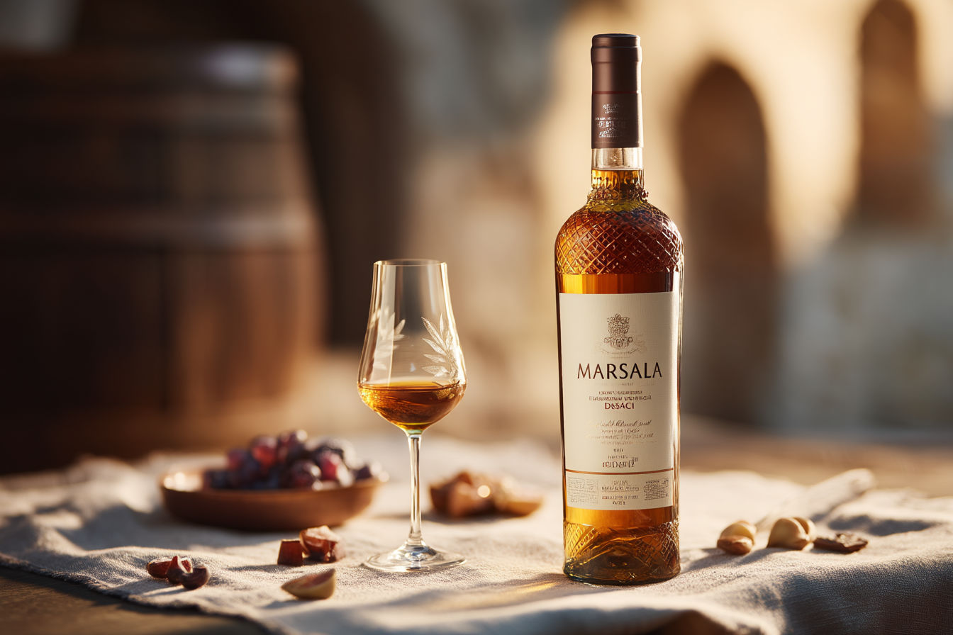 A professional studio photography composition of Marsala wine, featuring a sleek glass bottle of DOC-labeled Marsala and a filled tulip glass glowing with amber liquid, set against a rustic Sicilian backdrop. Include elements like sunlit Grillo grapes, aged oak barrels, and a scattering of dried figs and almonds to hint at food pairings. Use soft, warm natural lighting with subtle shadows to create depth, vibrant colors for the wine’s golden and ruby hues, and a textured linen tablecloth for elegance. Capture a refined, Mediterranean mood, with a focus on crisp details and a luxurious, editorial style, ultra-realistic, 8K resolution, shallow depth of field, bokeh effect.