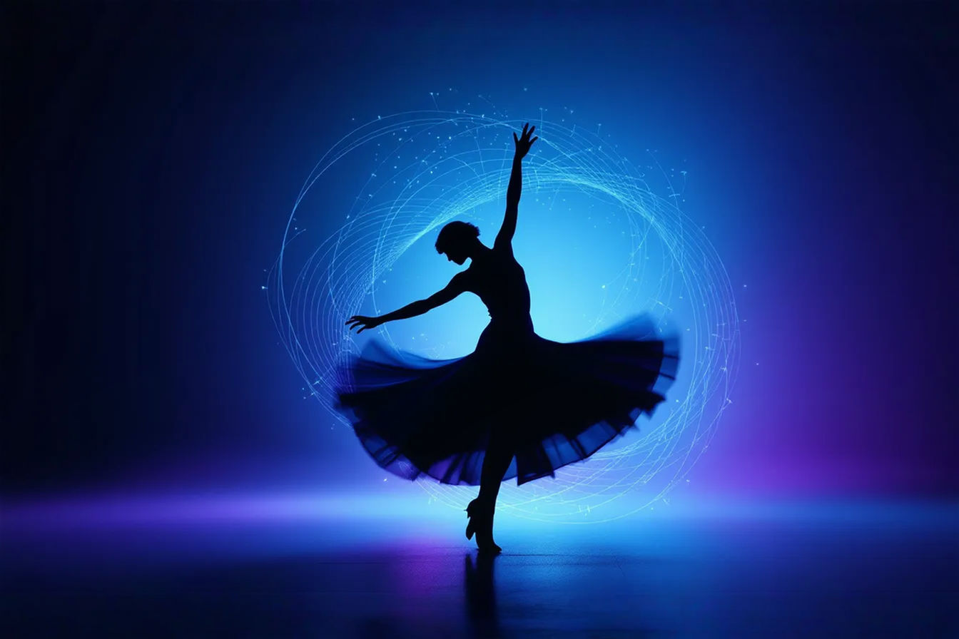 a professional photograph-style image of the Spinning Dancer illusion shown as a black silhouette against a gradient background that transitions from deep blue to purple. The silhouette is in mid-spin, capturing the ambiguous nature of the rotation direction. Added subtle visual elements that suggest neural pathways or brain activity surrounding the figure, creating a sophisticated science-meets-art aesthetic.