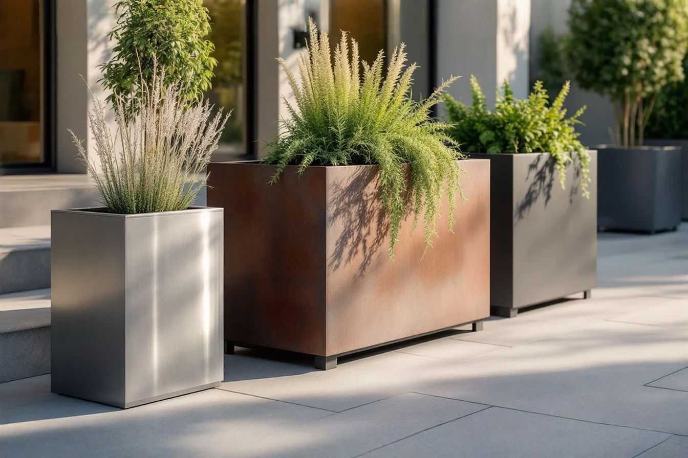 A professional photograph of three modern metal planters in different finishes (brushed aluminum, weathered corten steel, and matte black powder-coated) arranged on a contemporary patio with lush, cascading plants. The image should have soft natural lighting with the late afternoon sun creating subtle shadows that highlight the clean lines and textures of the metal containers.
