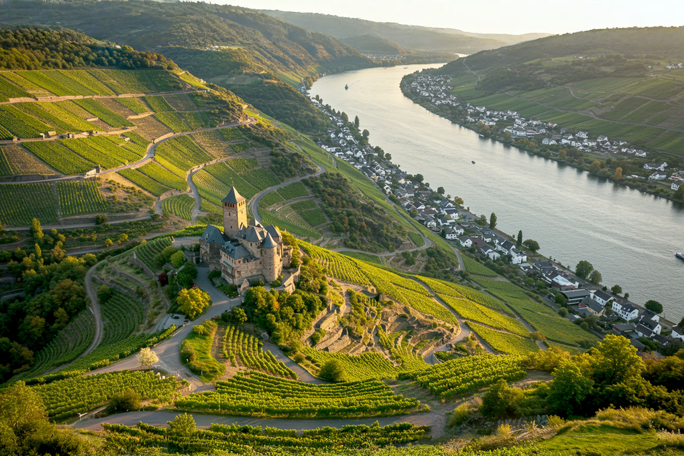 A dramatic aerial photograph capturing the essence of the Mittelrhein wine region at golden hour. The image should show steep, terraced vineyards with vibrant green vines clinging to slate hills that plunge toward the shimmering Rhine River below. A medieval castle should be visible on a promontory overlooking the river, with small wine villages nestled along the shoreline. The warm, late afternoon sunlight should illuminate the scene, highlighting the dramatic topography and casting long shadows across the vineyards, emphasizing their steepness. The composition should capture both banks of the river to showcase the continuous ribbon of vineyards that defines this UNESCO World Heritage landscape.