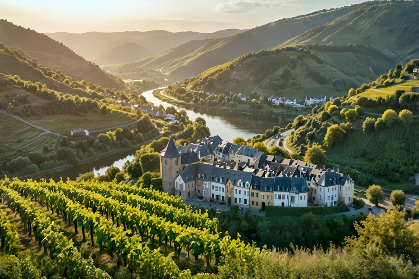 A stunning aerial view of the Mosel River at sunset, capturing its dramatic serpentine curve as it winds between steep, terraced vineyards. The slate-covered hillsides glow amber in the evening light, with a historic village and medieval castle visible along the riverbank. The image should convey both the breathtaking beauty of the landscape and the extreme nature of viticulture on these precipitous hillsides.
