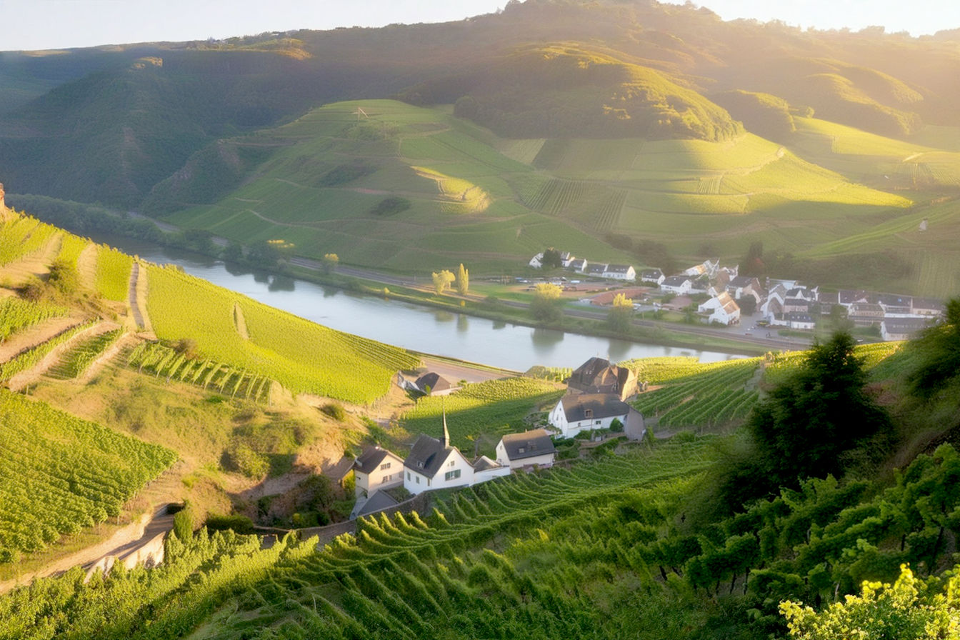 An aerial photograph capturing the dramatic vineyard landscape of the Nahe wine region during golden hour. The image should show the meandering Nahe River cutting through steep, terraced vineyards with varying soil colors visible. In the foreground, rows of meticulously maintained vines follow the contours of hillsides, while the background reveals a small historic wine village nestled between vineyards and forested mountains. The lighting should highlight the region's geological diversity with warm, glowing light accentuating the different soil types and vineyard parcels.