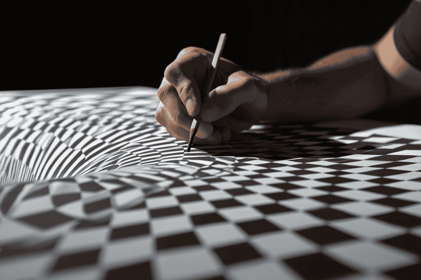 a professional photograph showcasing a stunning optical illusion artwork where geometric black and white patterns appear to bend and ripple across the canvas. The composition should feature dramatic lighting that enhances the three-dimensional effect, with a subtle indication of the artist's hand working on one corner of the canvas.