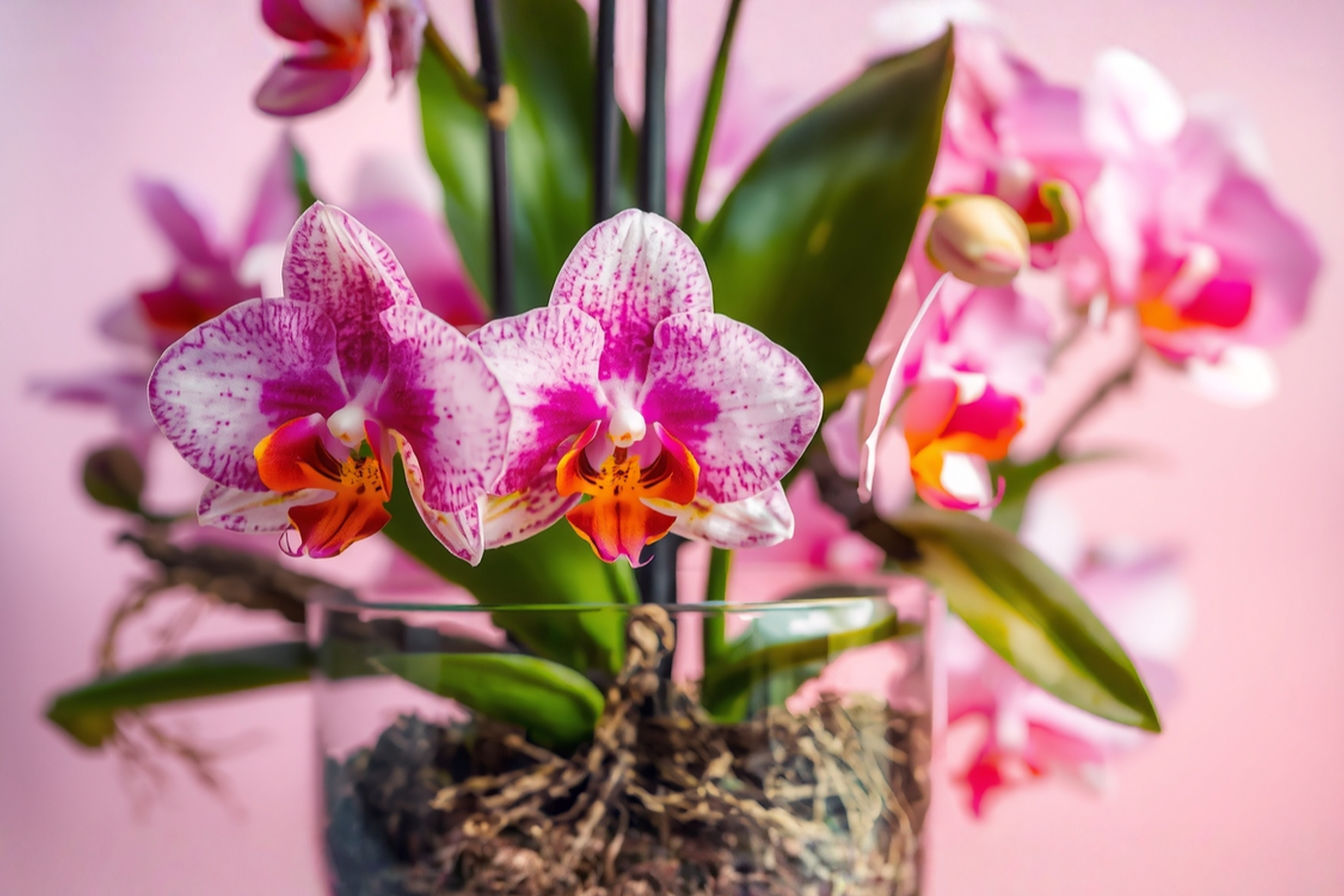 Close-up professional photography of a healthy reblooming Phalaenopsis orchid in a modern clear pot showing healthy green roots, with soft natural lighting and shallow depth of field highlighting the striking flowers.# Orchid Oasis: The Ultimate Guide to Flower Pot Designs That Promote Reblooming