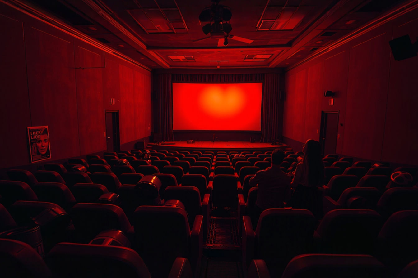 a professional photograph of an old, abandoned movie theater with a single screen illuminated in eerie red light. Film reels are scattered across dusty theater seats, with a single vintage movie poster partially visible in the shadows. Dramatic lighting with strong contrast between dark corners and the mysterious glow from the screen creates an atmosphere that's both nostalgic and unsettling.