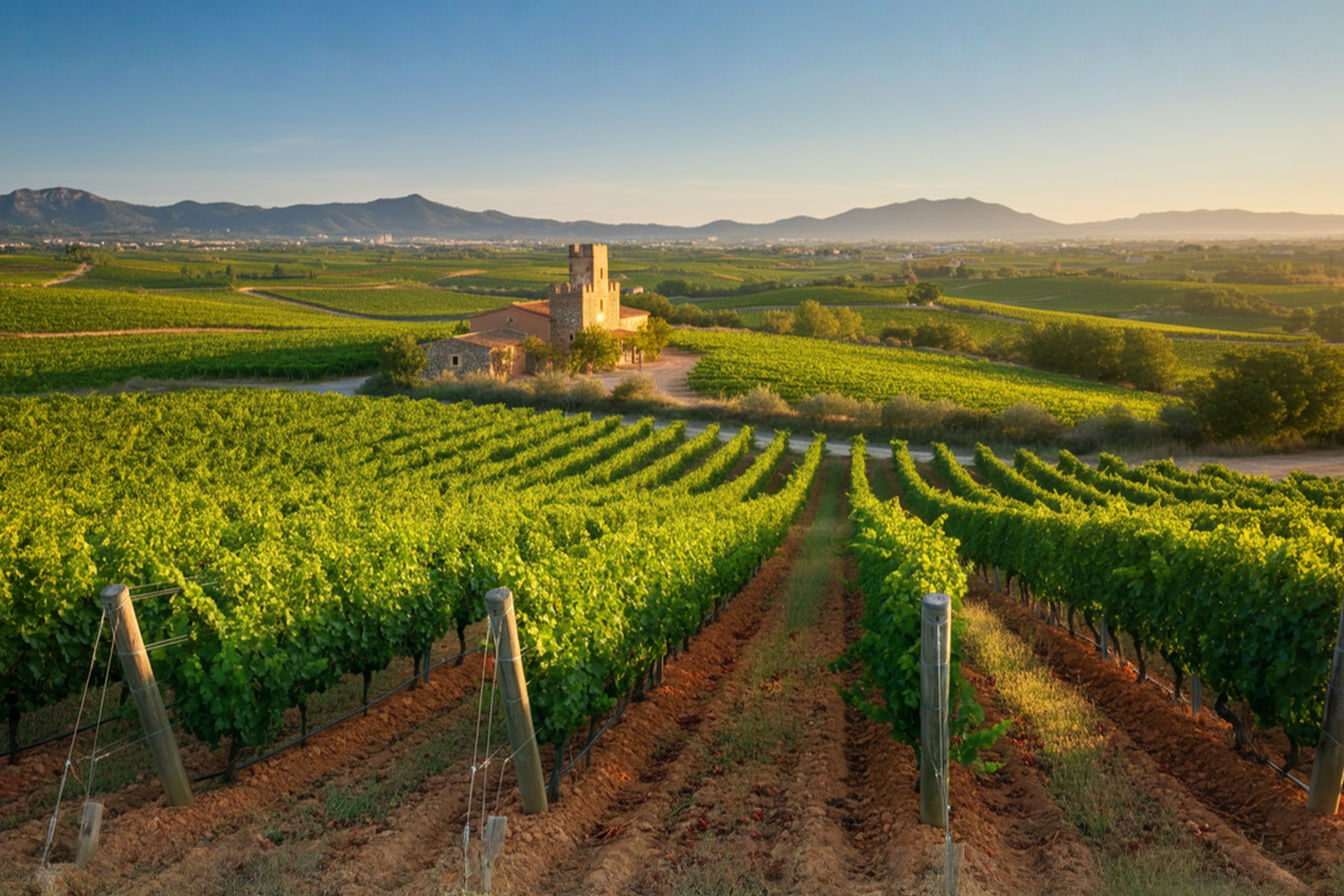Professional photography of sun-drenched hillside vineyards in Penedès, Spain, with rows of vines stretching toward distant mountains, early morning light casting long shadows, ancient stone winery building visible in the middle distance, Mediterranean atmosphere, vibrant green vines contrasting with reddish-brown soil.