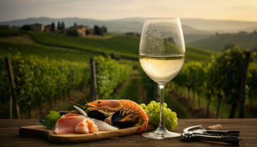 A sophisticated still life photograph of a perfectly chilled Pinot Grigio in an elegant wine glass, with condensation droplets on the glass surface. The wine is pale straw-colored with subtle gold reflections. In soft focus background, there's a rustic Italian vineyard landscape at sunset with rolling hills. Artful arrangement includes fresh seafood or light appetizers, a few green grape clusters, and perhaps a corkscrew. Professional food photography style with natural side lighting, shallow depth of field, 85mm lens, f/2.8, award-winning wine magazine cover quality