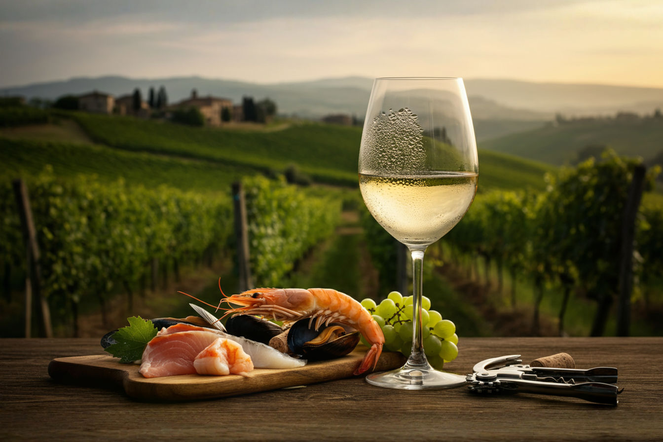 A sophisticated still life photograph of a perfectly chilled Pinot Grigio in an elegant wine glass, with condensation droplets on the glass surface. The wine is pale straw-colored with subtle gold reflections. In soft focus background, there's a rustic Italian vineyard landscape at sunset with rolling hills. Artful arrangement includes fresh seafood or light appetizers, a few green grape clusters, and perhaps a corkscrew. Professional food photography style with natural side lighting, shallow depth of field, 85mm lens, f/2.8, award-winning wine magazine cover quality