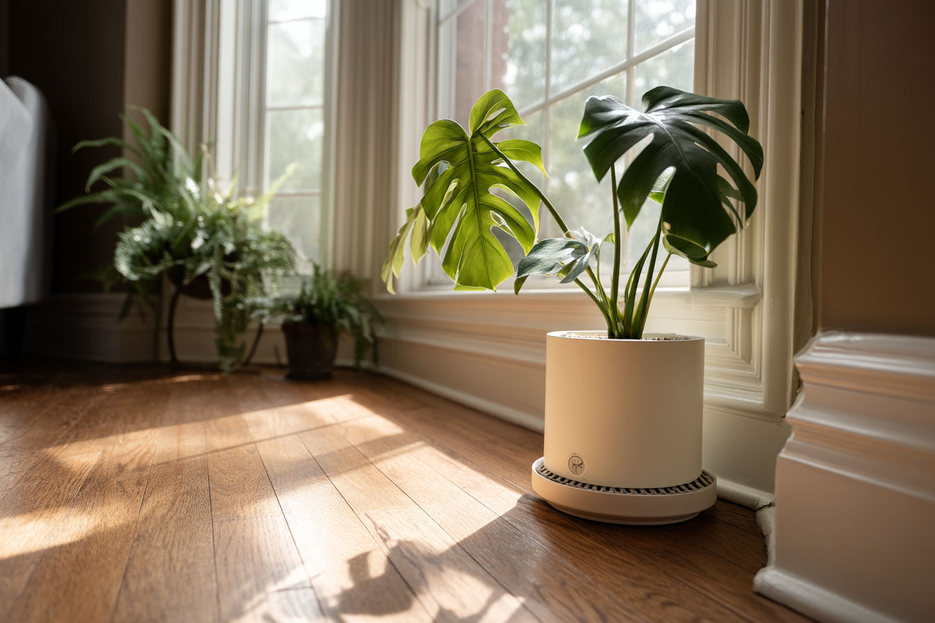 a professional photography style image showing an elegant living room corner with hardwood flooring. Features a thriving monstera plant in a decorative pot sitting on a sleek, modern self-draining plant saucer that clearly shows its innovative drainage design. Natural streams in from a nearby window, highlighting the plant's healthy leaves and the protective saucer beneath. The composition conveys both style and functionality, emphasizing how proper drainage solutions integrate seamlessly with sophisticated home decor.