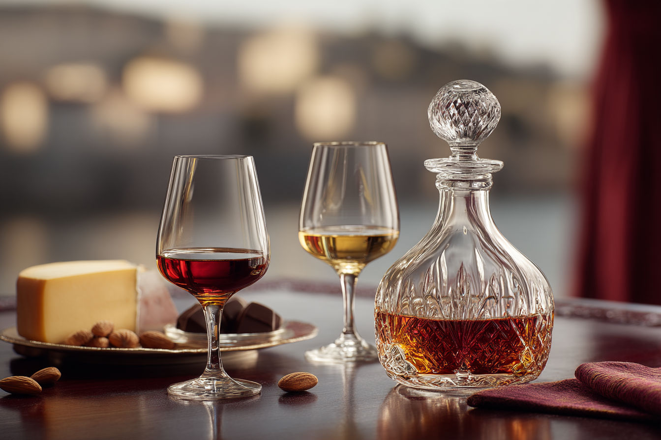 A professional studio photography scene featuring a luxurious port wine setup, with a crystal decanter filled with ruby-red port wine and two elegant tulip-shaped glasses, one filled with tawny port and the other with white port, placed on a polished dark wood table. Surrounding the glasses are subtle accents: a small plate of dark chocolate truffles, a few roasted almonds, and a wedge of aged cheese, arranged artfully. The background is softly blurred, with warm ambient lighting and a hint of Douro Valley vineyard scenery through a window, evoking Portugal’s heritage. Rich textures, vibrant colors, and a sophisticated composition, with a shallow depth of field, hyper-realistic, 8K resolution, cinematic lighting, in the style of fine art food and beverage photography.