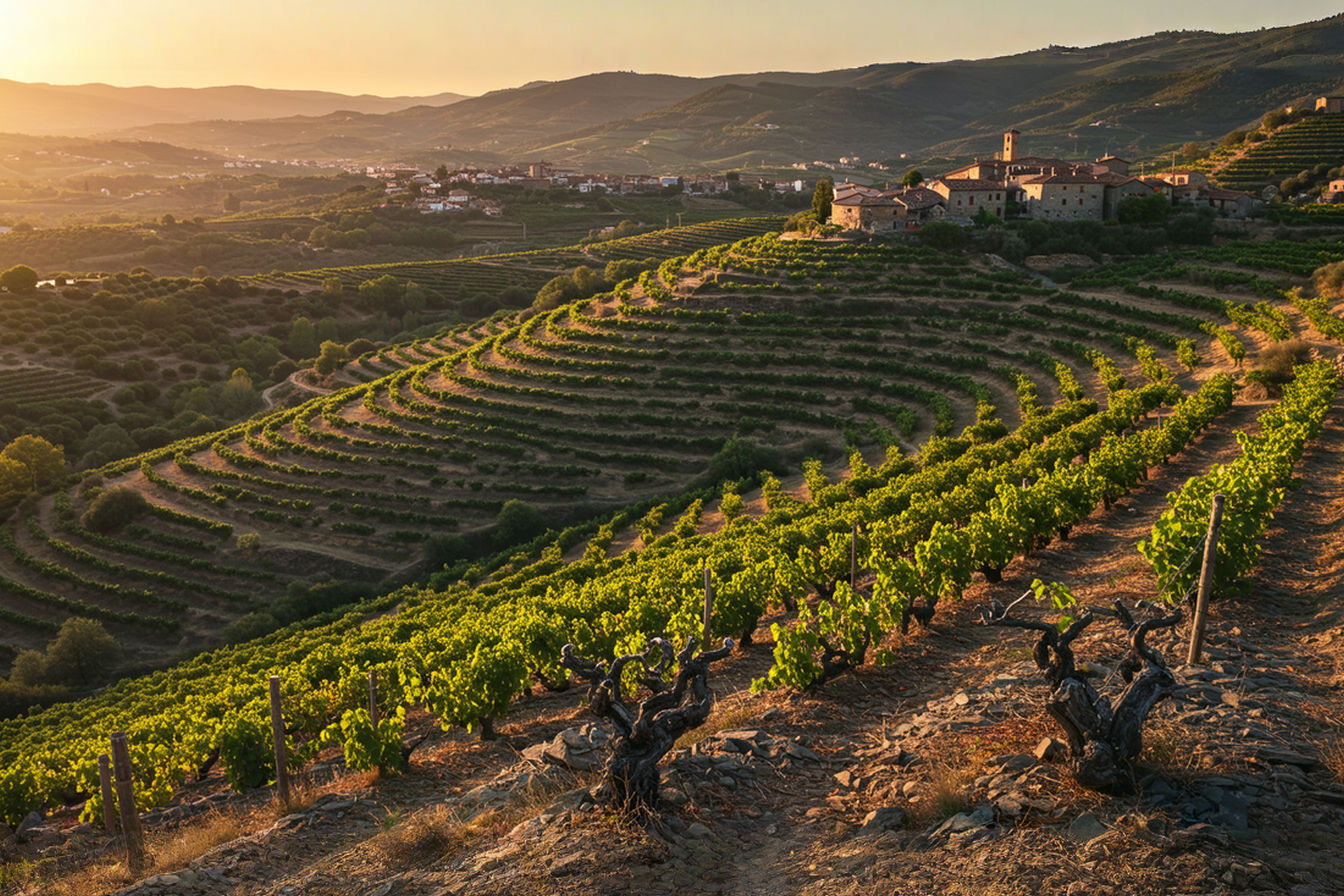 Professional photography of ancient gnarled grapevines growing on steep terraced slopes with distinctive slate soil in Priorat, Spain. Golden evening sunlight illuminates the dramatic mountain landscape with scattered stone villages in the distance. High-resolution, sharp detail capturing the texture of the slate soil and the rugged terrain that defines this prestigious Spanish wine region.