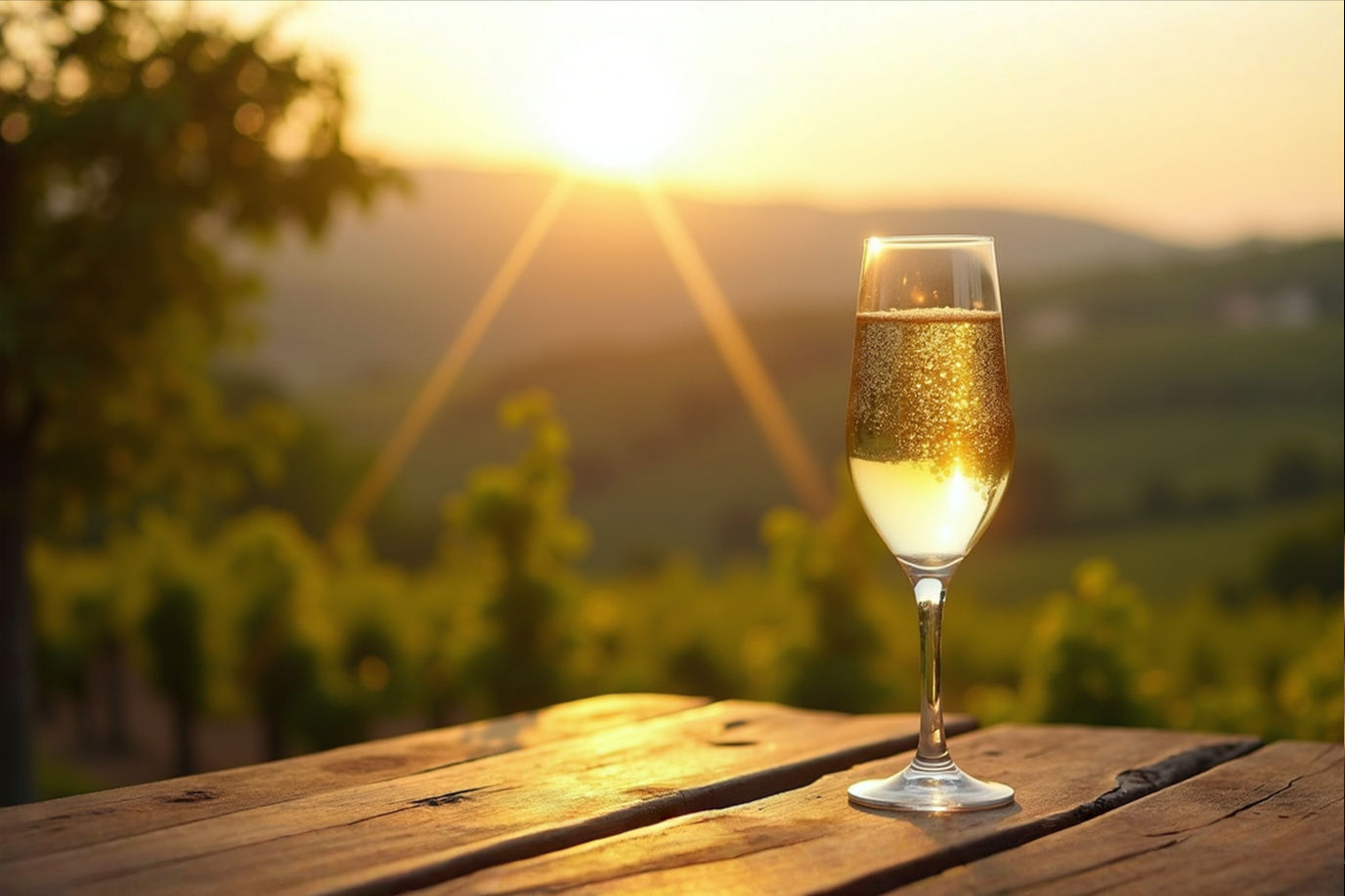 A backlit Prosecco glass with fine bubbles rising in golden liquid, on a rustic wooden table with blurred Italian hillside vineyard landscape in background, soft evening light, shallow depth of field, professional food photography style, high-end magazine quality, 85mm lens, f/2.8, diffused natural light