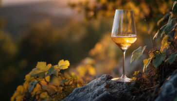 Professional photography of a backlit Riesling wine glass with golden liquid catching the light, surrounded by vineyard elements including slate soil and green grape leaves. Dramatic lighting with soft bokeh background showing steep hillside vineyards at sunset. Crisp, elegant composition with depth of field. High-resolution, magazine-quality wine photography.