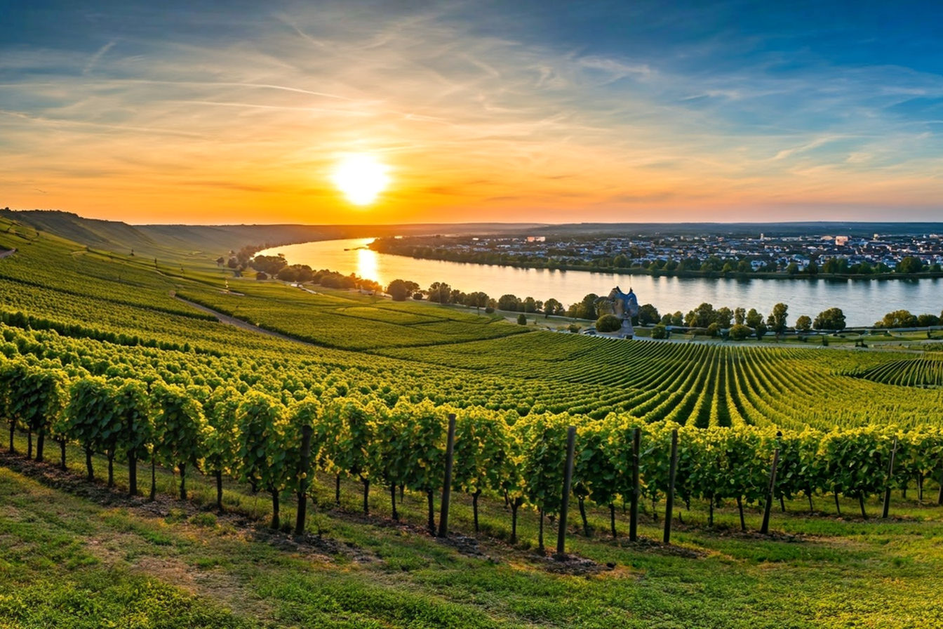 A panoramic sunset view of terraced Rheingau vineyards along the Rhine River, with rows of sun-dappled Riesling vines in the foreground and the historic Schloss Johannisberg visible on a distant hill. The golden evening light illuminates the vineyard's south-facing slopes while the Rhine River glistens below, capturing the unique geographical setting that defines this prestigious German wine region.