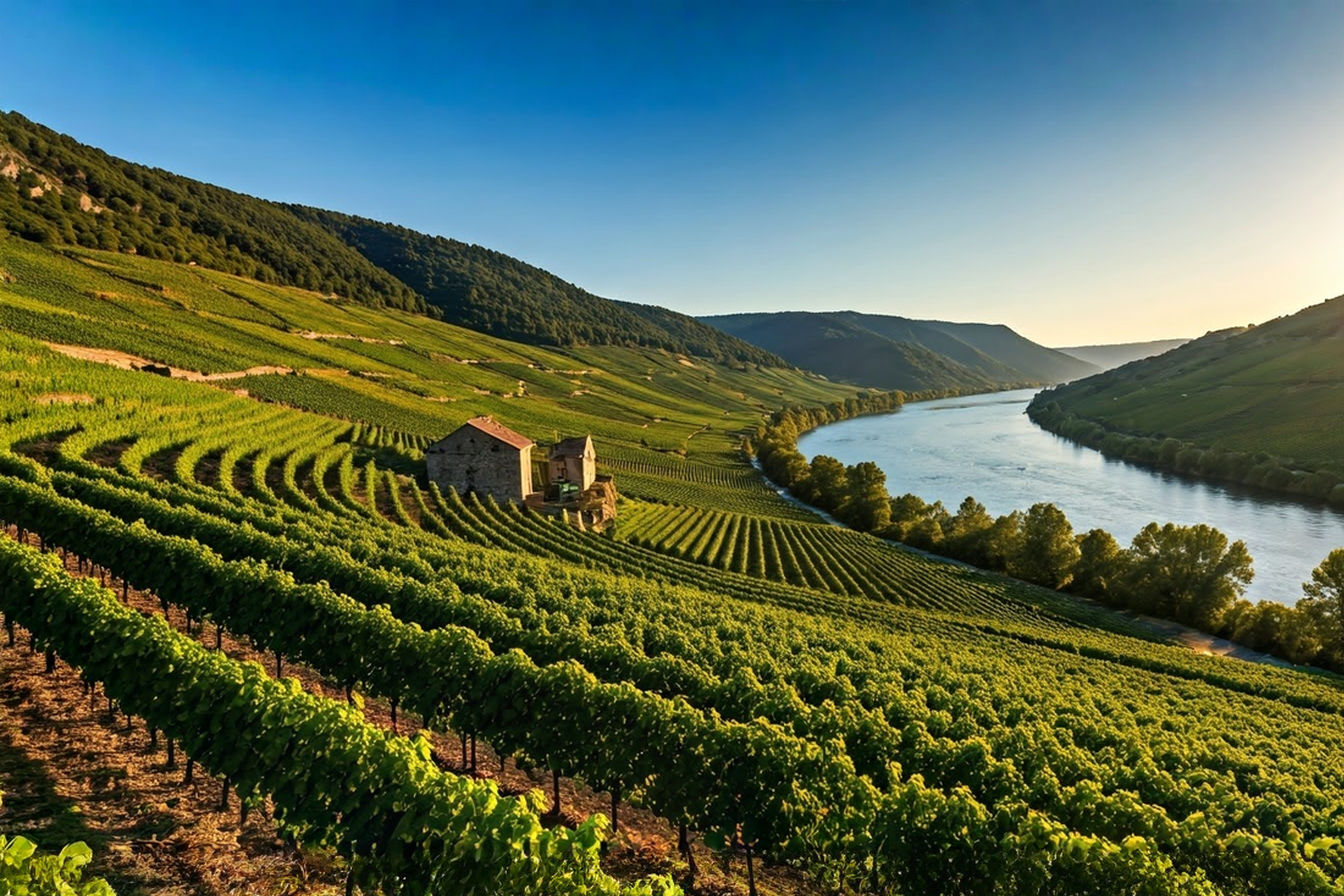 A panoramic view of terraced Syrah vineyards in the Northern Rhône Valley at golden hour, with the Rhône River winding through the landscape. The image shows rows of meticulously maintained vines clinging to steep granite hills, bathed in warm late afternoon sunlight that highlights their texture. In the distance, a small stone winery building with a terra cotta roof sits among the vines, with the majestic river reflecting the golden sky.