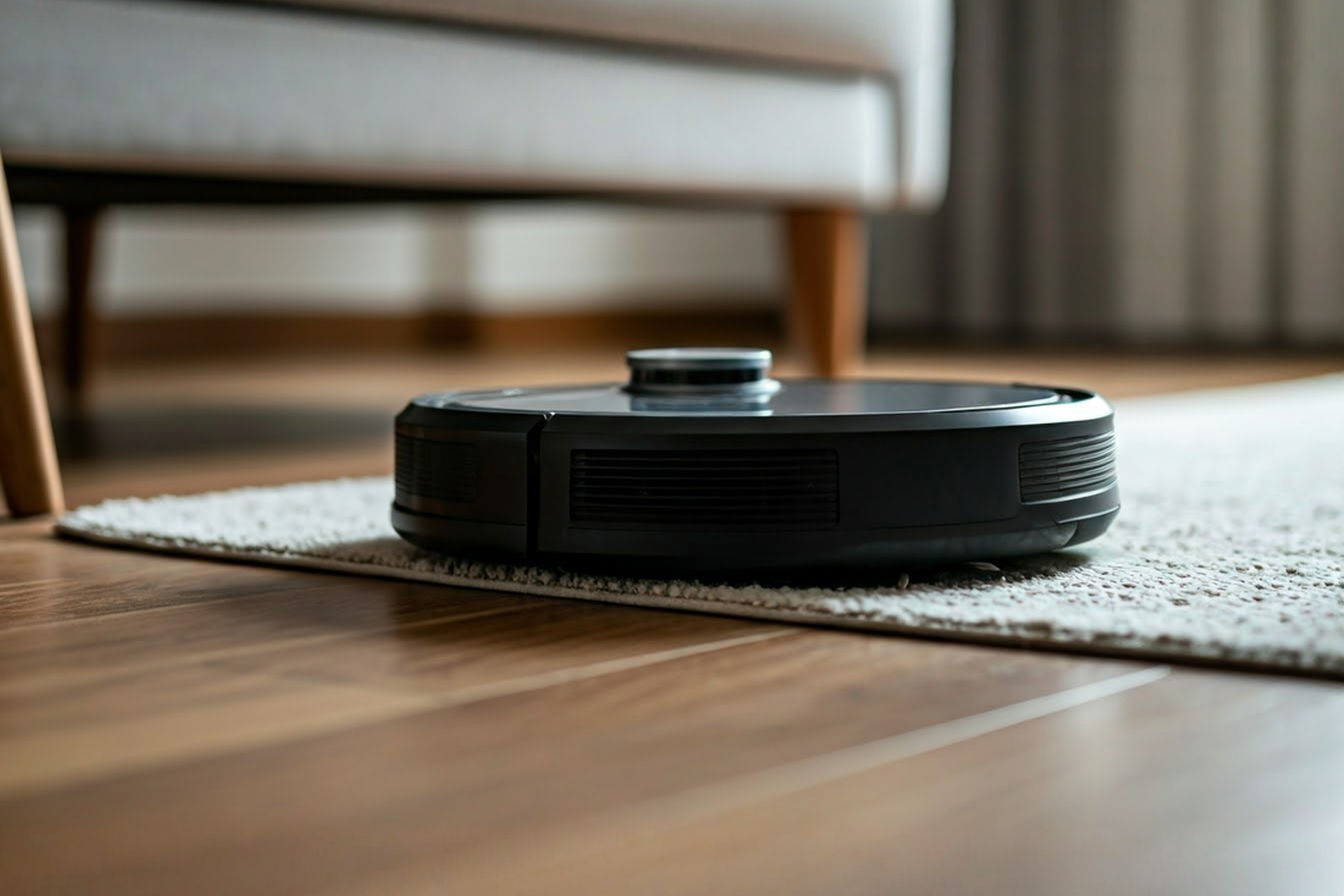 A sleek, modern robot vacuum cleaner in action on a mixed-surface floor (part hardwood, part low-pile carpet), photographed from a low angle with soft natural lighting highlighting its features. The robot should be shown actively cleaning near furniture legs with a clean, minimalist home environment in the background.