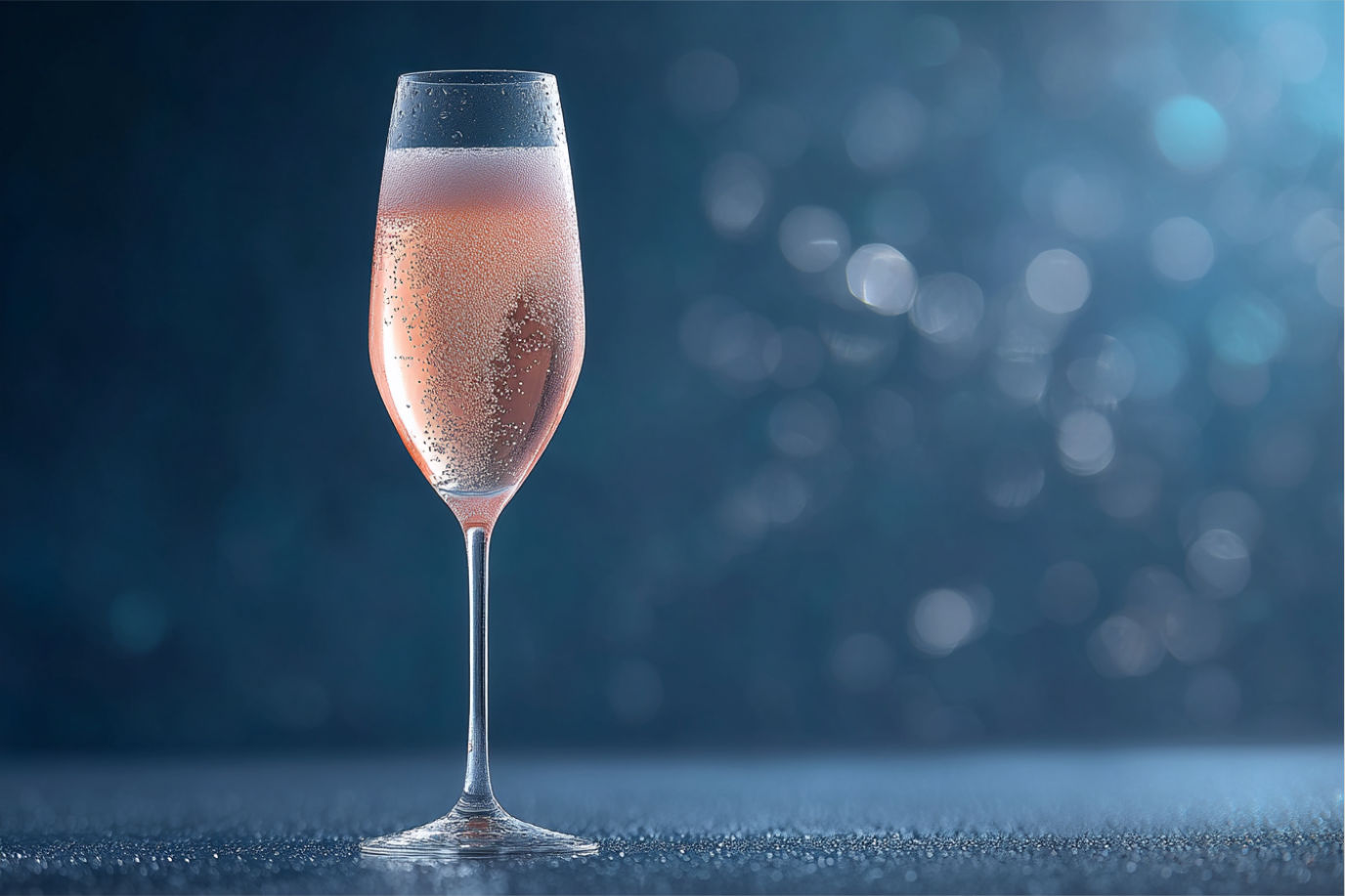 Professional photograph of a crystal champagne flute filled with rosé champagne, soft pink-salmon color with delicate rising bubbles, against a dark charcoal background with subtle bokeh lighting. The glass is beaded with condensation, suggesting perfect serving temperature. Studio lighting with soft highlighting on the glass rim and liquid surface. High-end commercial beverage photography style with sharp focus, high resolution, product photography, 85mm lens, f/2.8 aperture.
