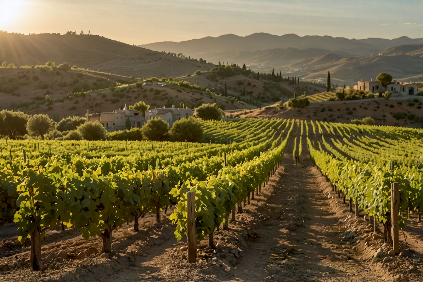 A panoramic photo of Rueda's high-altitude vineyards at golden hour, with rows of Verdejo vines stretching toward the horizon. In the foreground, limestone-rich soil with characteristic round stones ("cantos") is visible, while the background shows gentle rolling hills and the silhouette of a traditional Spanish bodega. The late afternoon sun casts a warm glow across the landscape, highlighting the region's distinctive continental terrain and creating dramatic shadows that emphasize the vineyard rows' texture. A glass of pale golden Verdejo wine sits in the corner of the frame, catching the sunlight.