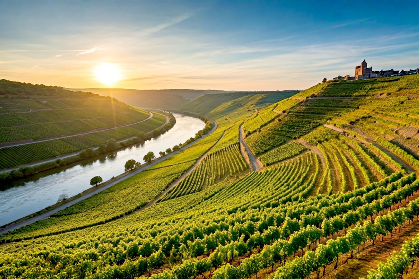 Aerial view of terraced vineyards along the Saale River at sunset, with rows of vines cascading down limestone hillsides, medieval castle visible on distant hilltop, and winding river reflecting golden light. The image captures both the natural beauty and cultural heritage of the Saale-Unstrut wine region in professional photography style with rich, warm colors and exceptional clarity.