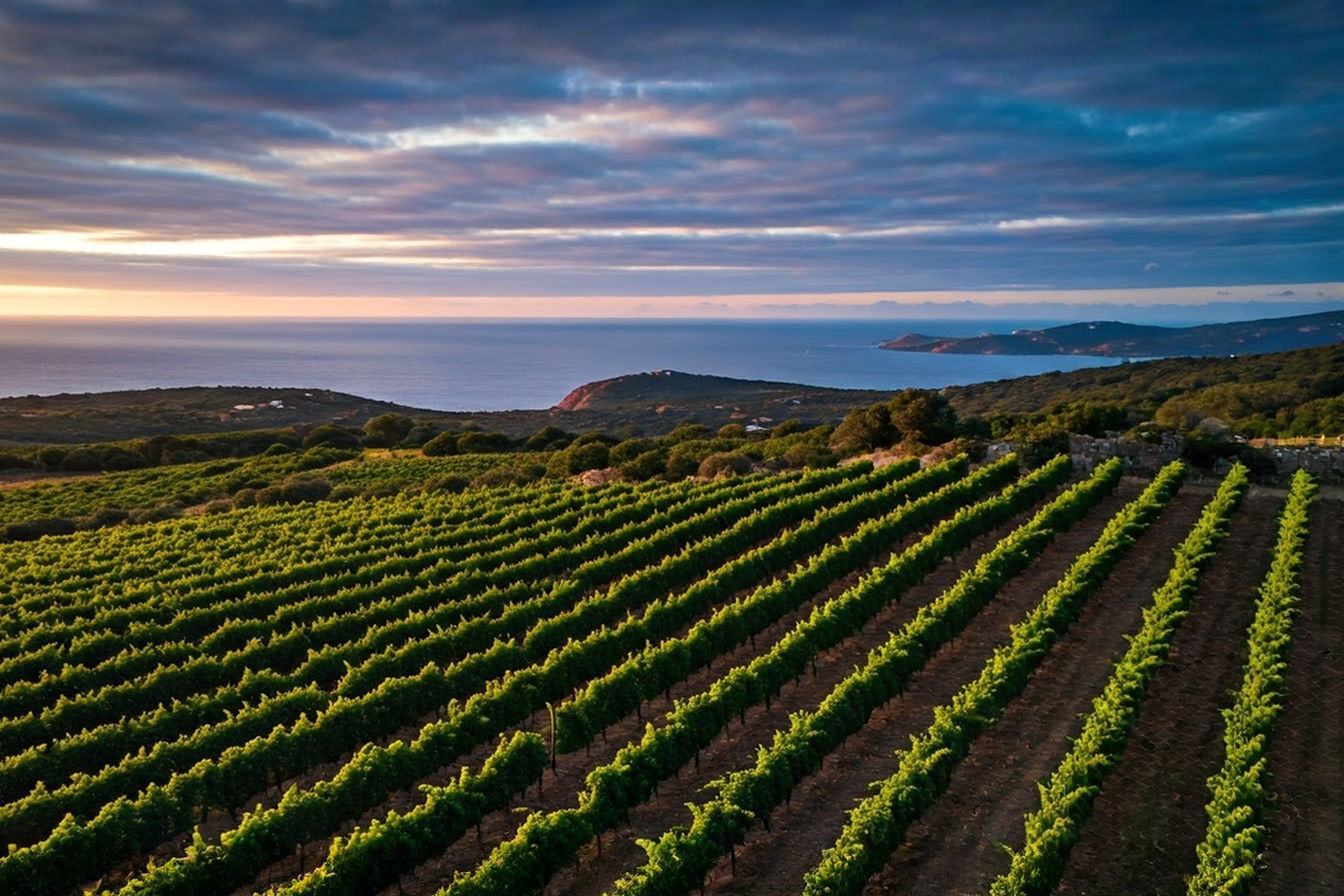 Aerial photo of traditional alberello (bush-trained) vineyard on Sardinia's rugged landscape, with the Mediterranean Sea visible in the background. Golden evening light illuminates the ancient vines against the island's distinctive granite soil, capturing the essence of Sardinia's unique terroir and winemaking heritage.