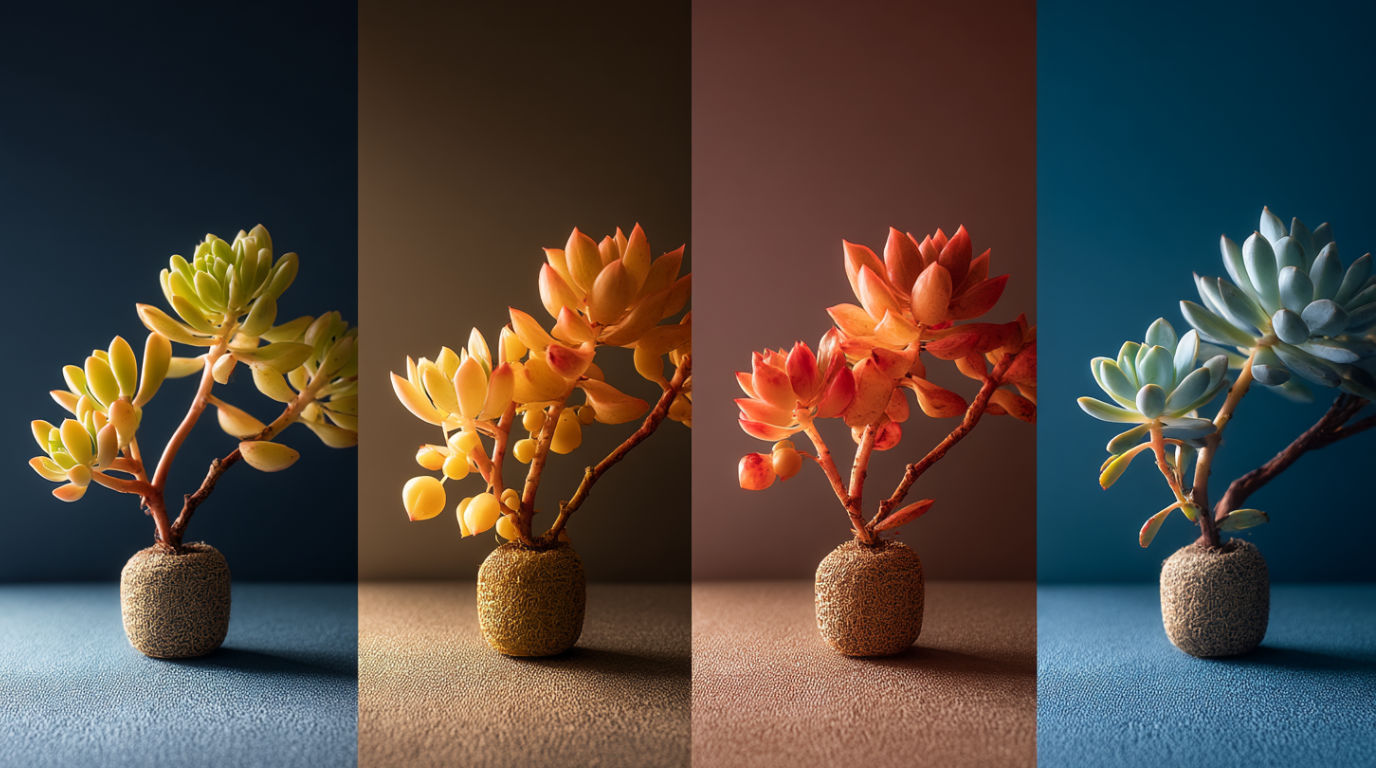 Professional split-screen photography showing the same succulent arrangement across four seasons, color temperature shifting from warm spring light to intense summer brightness to golden autumn glow to cool winter blue, subtle seasonal decorative elements, textured backdrop changing with seasons, dramatic side lighting highlighting plant textures, shot on Nikon Z7 with 24-70mm lens, f/5.6, high-end magazine editorial style