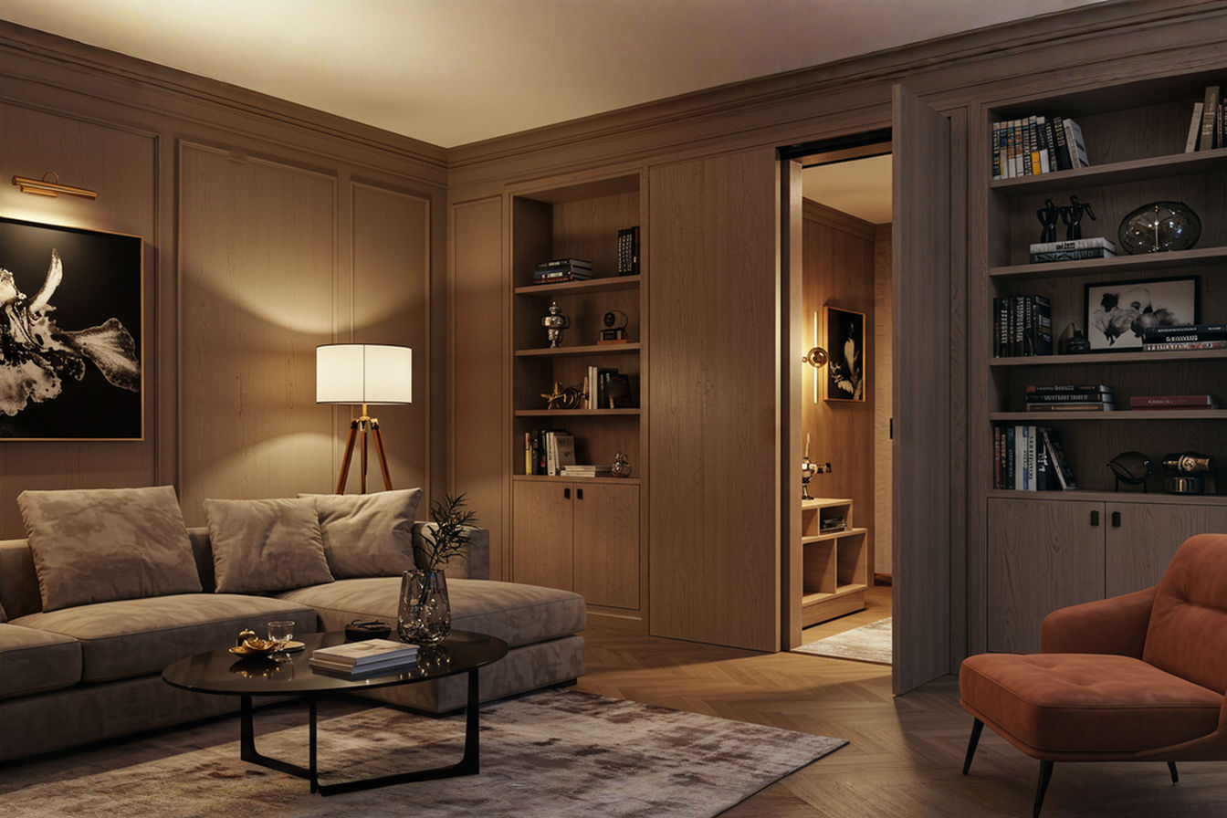Professional photography of a modern living room with a hidden bookcase door partially open, revealing a secret room behind it. Warm lighting, luxurious interior design, high-end finishes, shallow depth of field, dramatic shadows, 85mm lens, f/2.8, award-winning interior photography, architectural digest style, hyper-realistic, 8K resolution