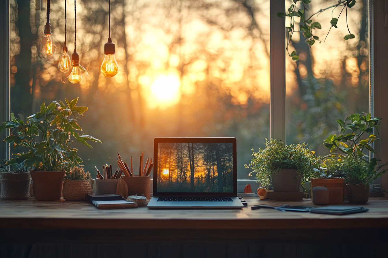 Professional photography of a transformed minimalist home office space, half in disarray and half perfectly organized, with a visible mental transformation, soft natural lighting from large windows, meaningful personal objects thoughtfully arranged, plants, warm color palette, shallow depth of field, award-winning interior design photography style, 85mm lens, f/2.8, high-end magazine quality